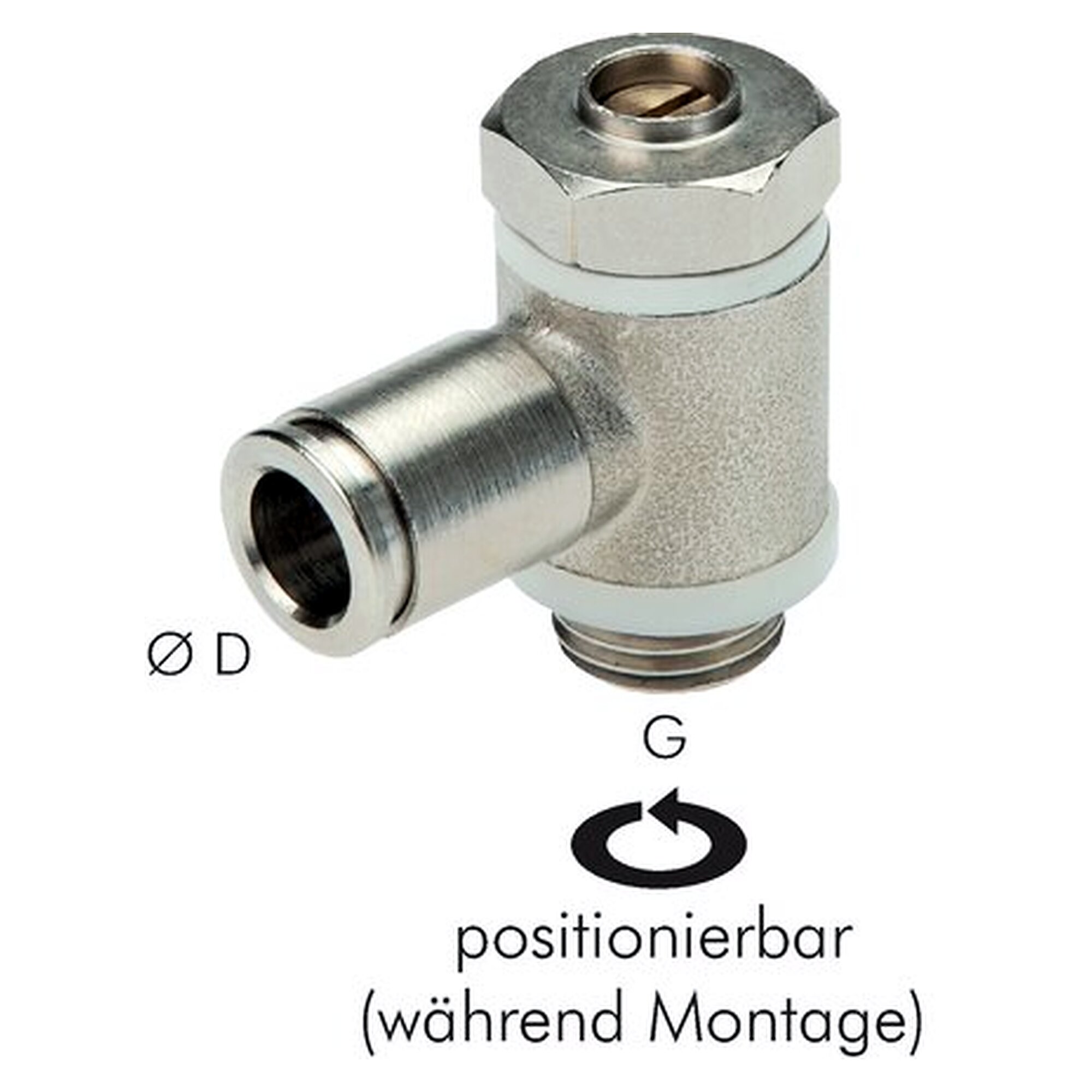 Flow control check valve, elbow design, thread G 1/8", tube 8 mm, stainless steel gripping claws