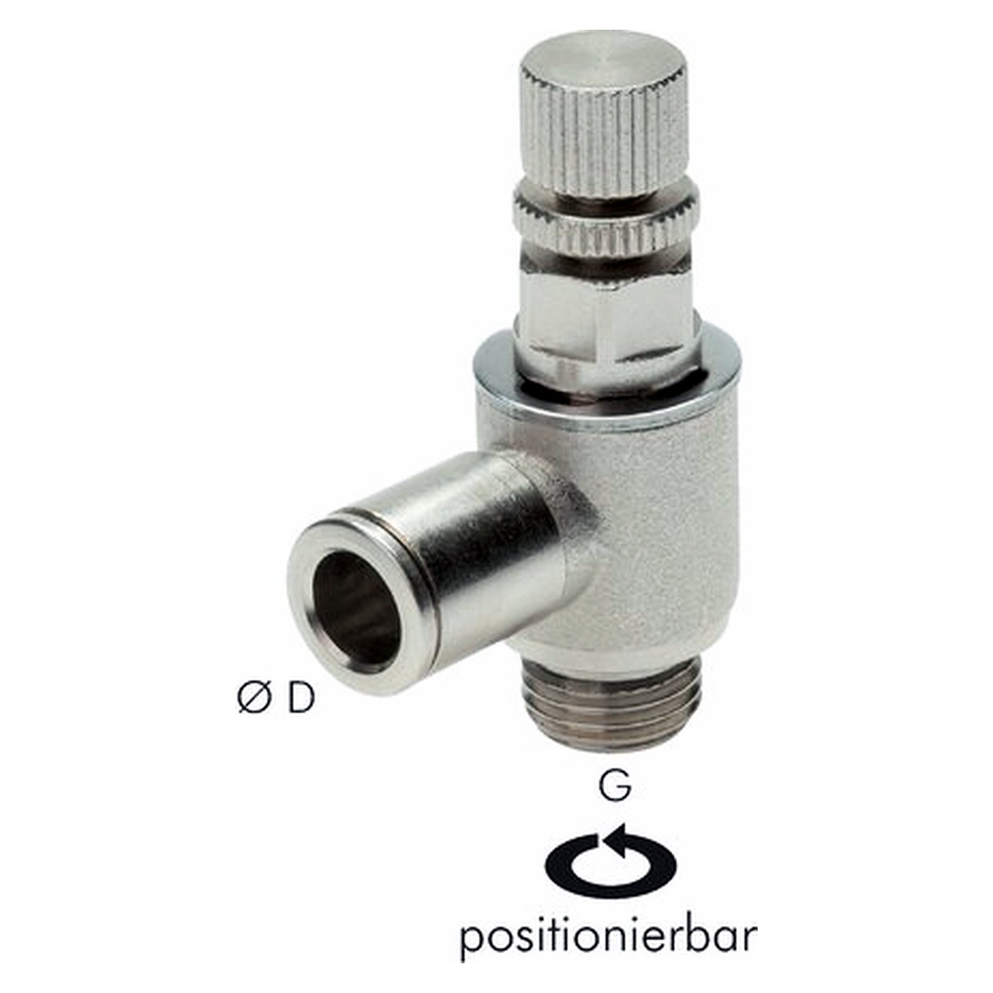 Flow control check valve, thread M 5, tube 4 mm, nickel plated brass, exhaust air control