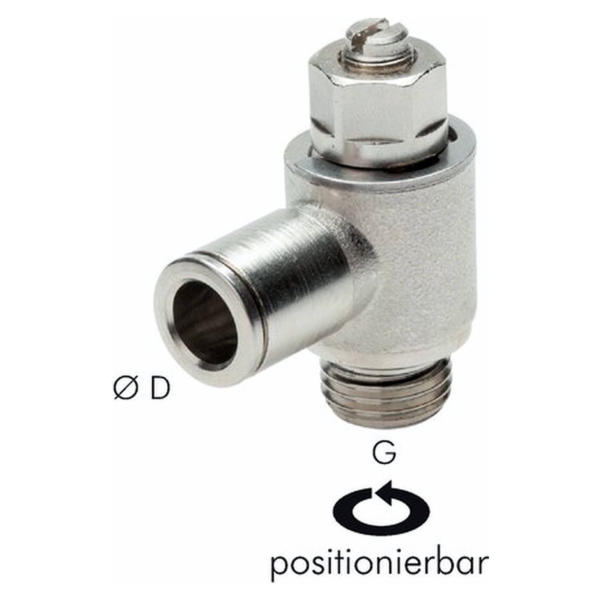 Drosselrückschlagventil, Gewinde G 1/8", Schlauch 4 mm, Messing vernickelt, abluftregelnd (Standard)
