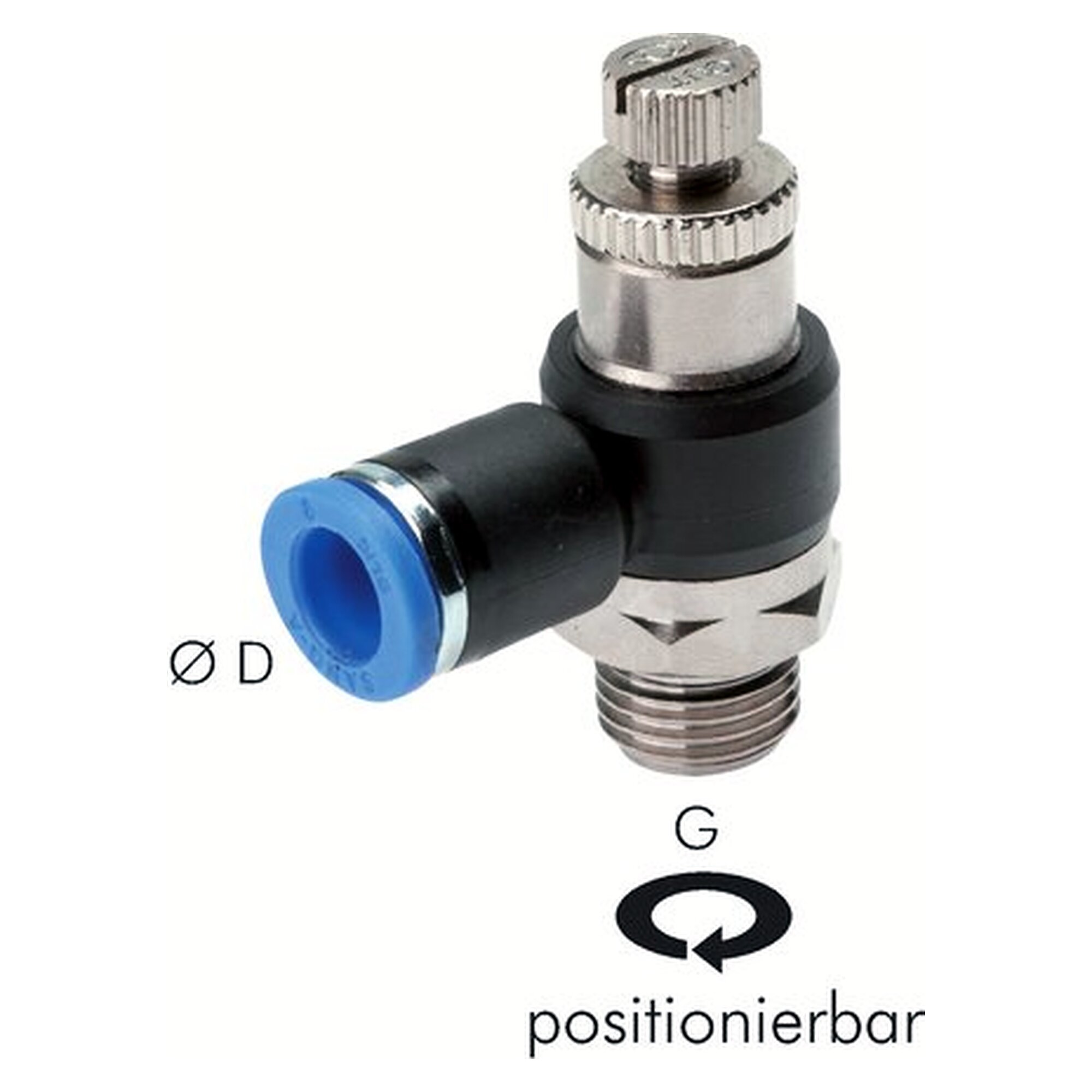 Elbow flow control valve with check function, exhaust air control (standard), G 1/4", tube 8 mm
