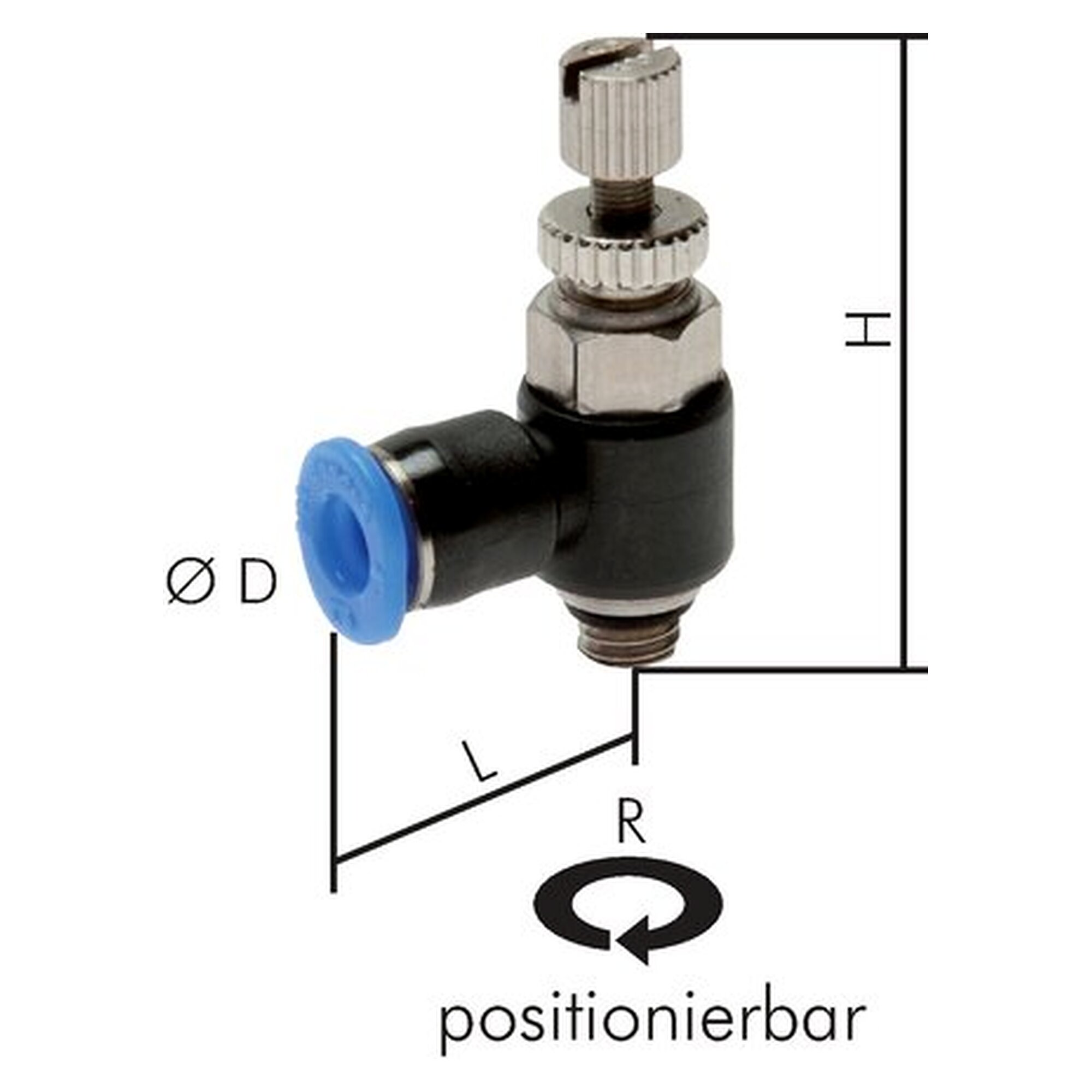 Mini-Winkel-Drosselrückschlagventil, abluftregelnd (Standard), M 5, Schlauch 4 mm, -0,95 bis 1 bar