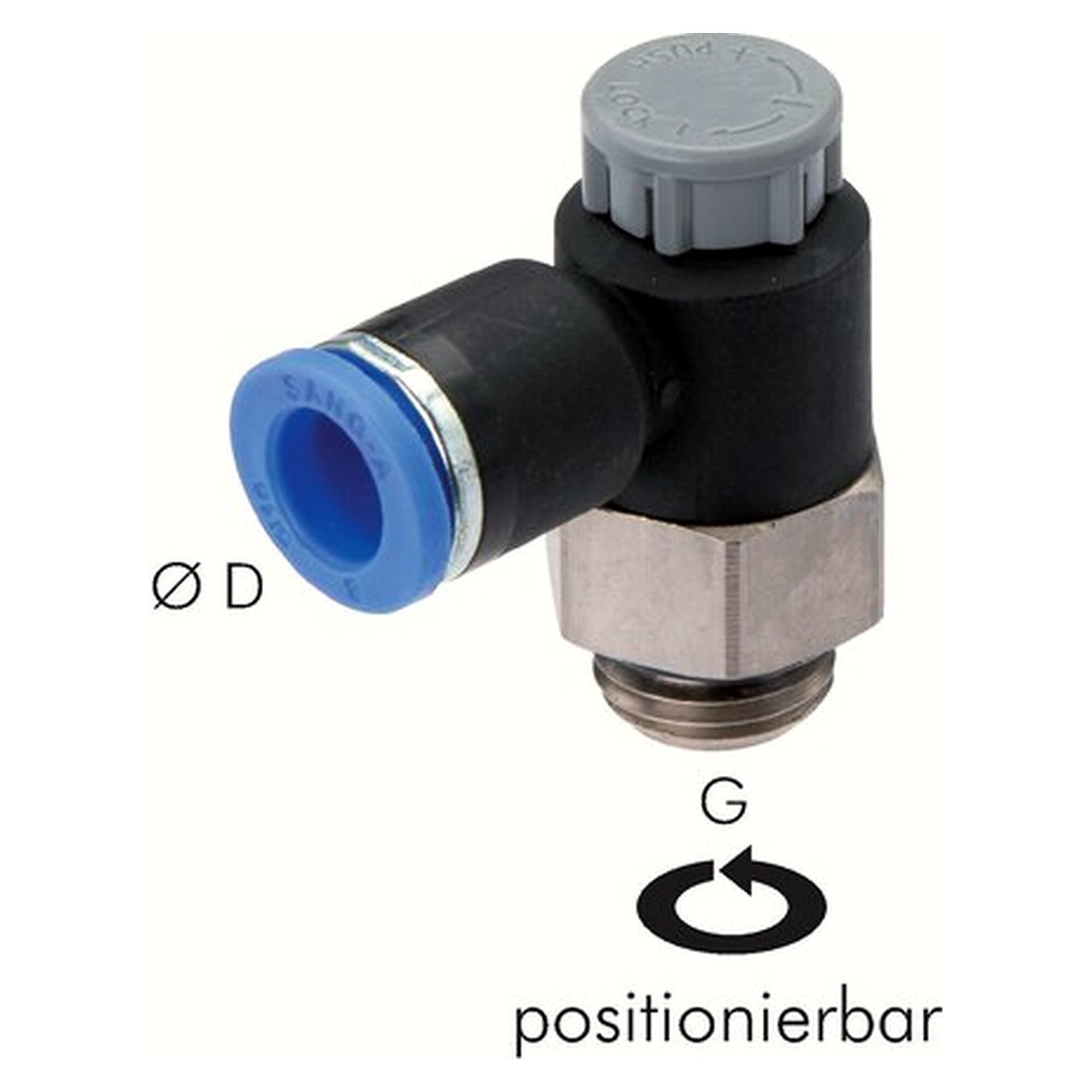 Compact flow control valve, exhaust air control (standard), G 3/8", tube 6 mm, -0.95 bar