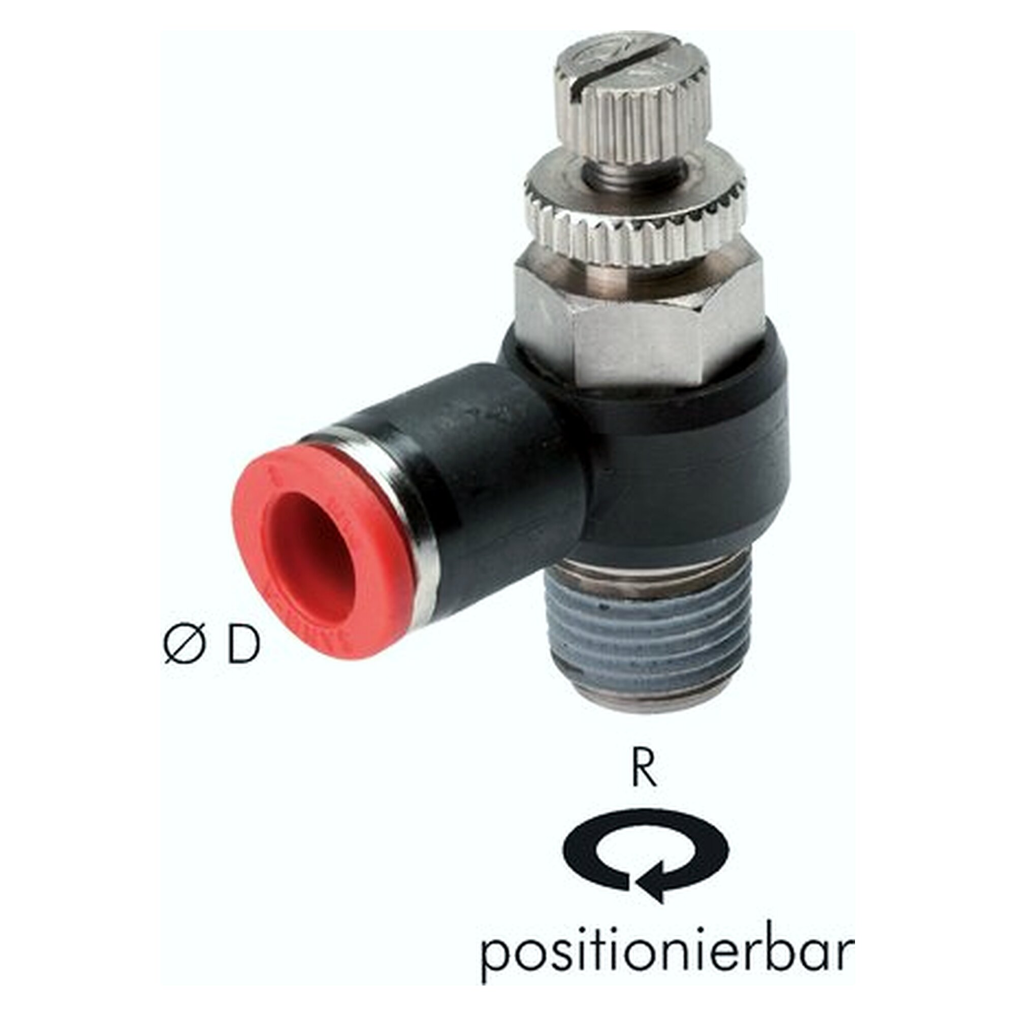 Winkel-Drosselrückschlagventil, zuluftregelnd, R 1/2", Schlauch 8 mm, -0,95 bar, -20 bis +80 °C