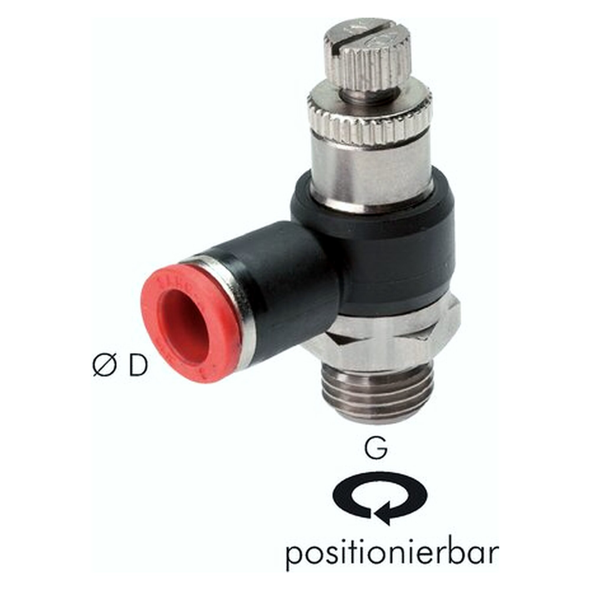 Winkel-Drosselrückschlagventil, zuluftregelnd, G 1/4", Schlauch 6 mm, -0,95 bar, -20 bis +80 °C