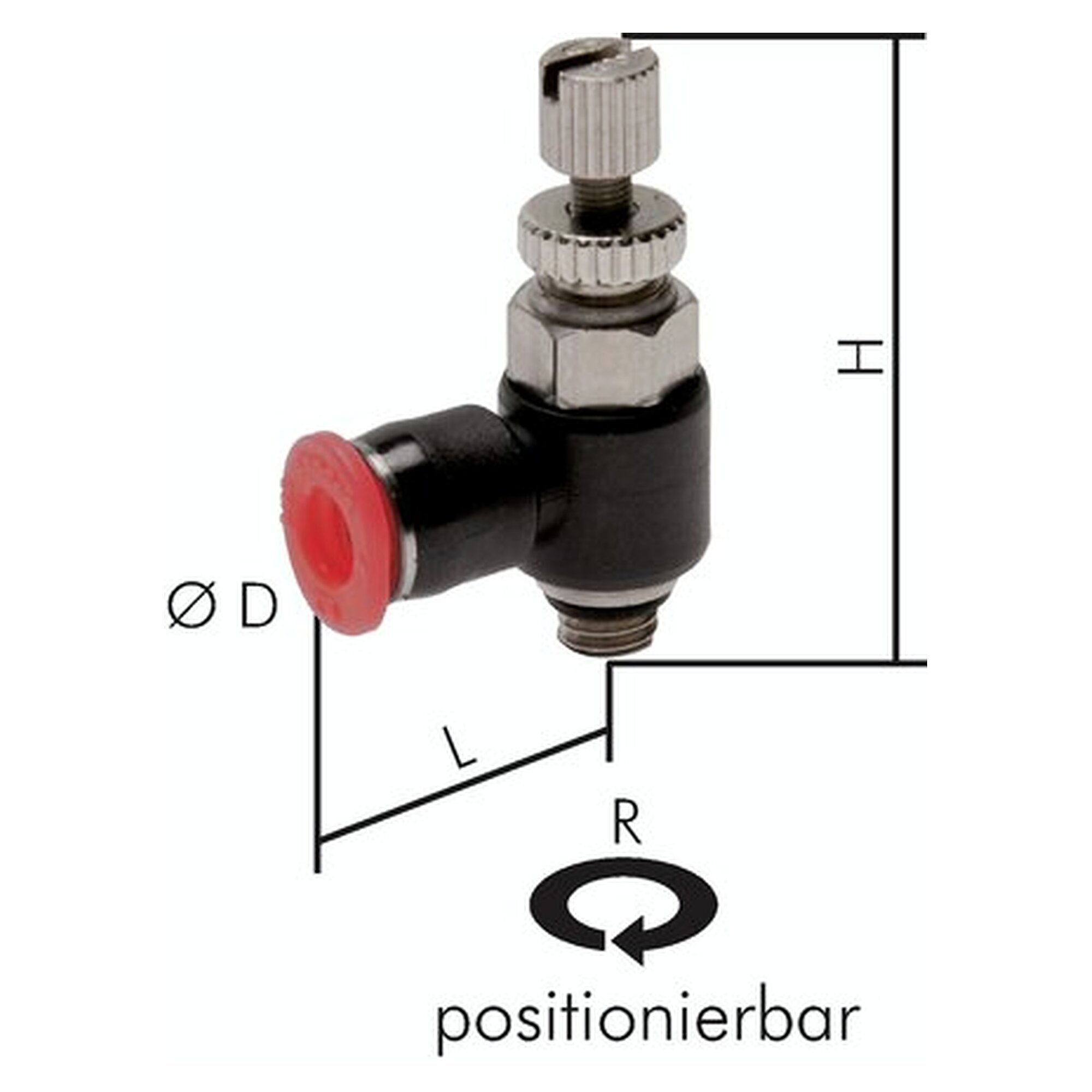 Mini elbow flow control valve with check function, supply air control, M 3, tube 3 mm, 0 to +60 °C