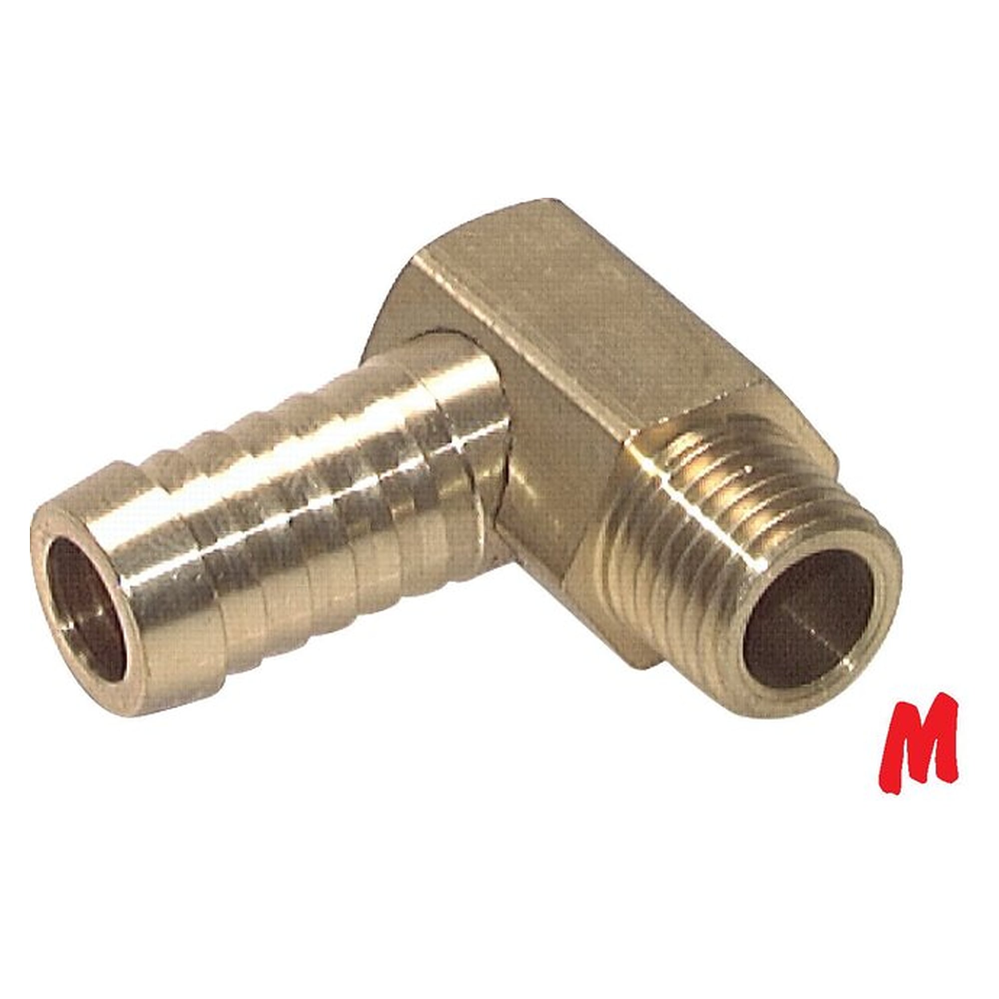 Elbow hose nozzle with thread, taper thread, M 8x0.75 (taper), hose connection 9 (3/8") mm, brass