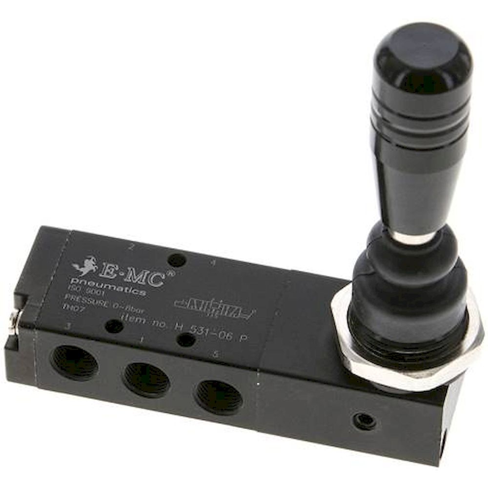 E.MC H-531-06-P. 5/3-way hand lever valve, G 1/8", Centre position ventilated, detend