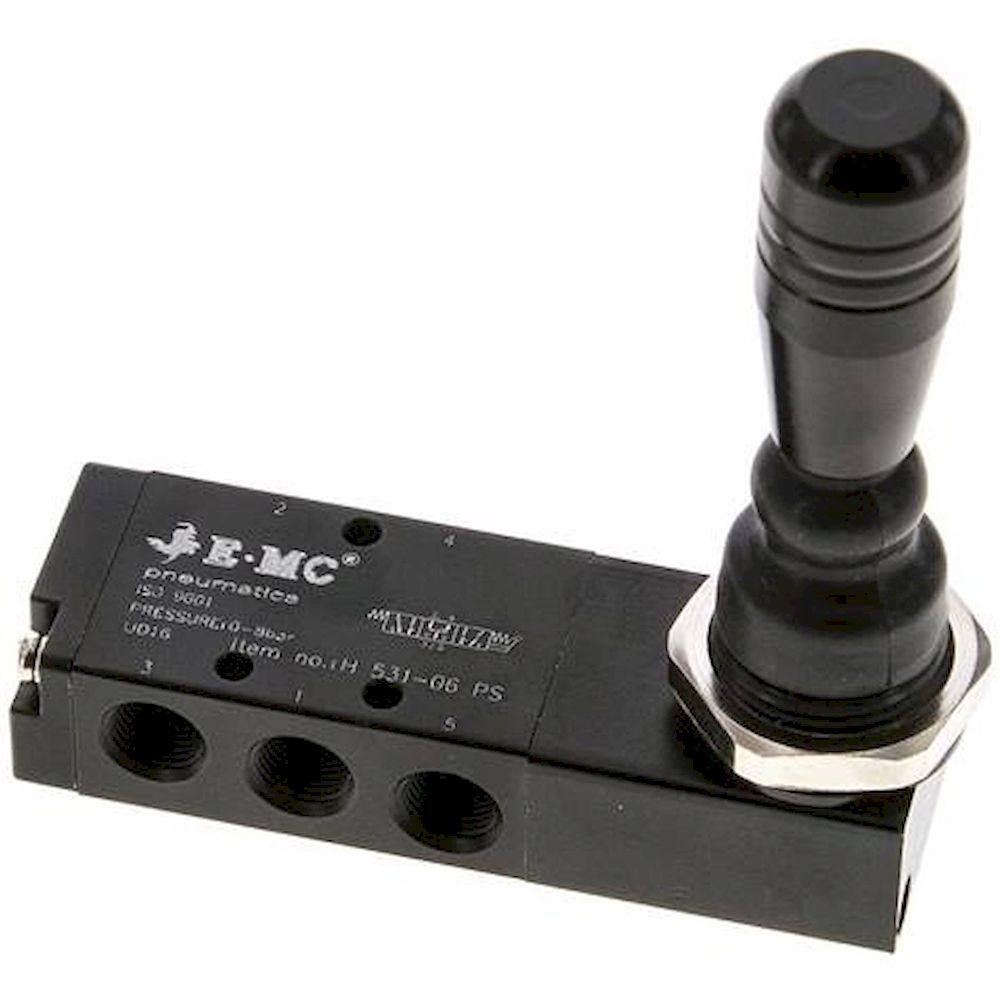 E.MC H-531-06-PS. 5/3-way hand lever valve, G 1/8", Centre position ventilated, spring return