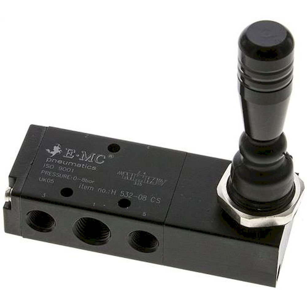 E.MC H-532-08-CS. 5/3-way hand lever valve, G 1/4", Centre position closed, spring return