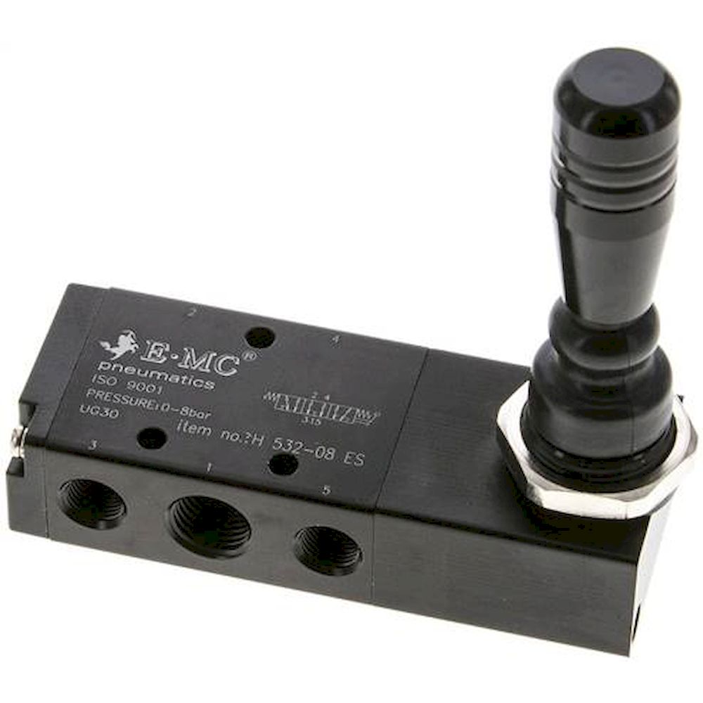 E.MC H 532-08 ES. 5/3-Wege Handhebelventil, G 1/4", Mittelstellung entlüftet, Federrückstellung