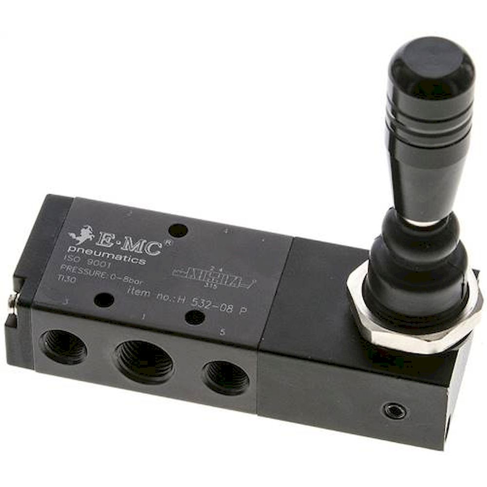 E.MC H-532-08-P. 5/3-way hand lever valve, G 1/4", Centre position ventilated, detend