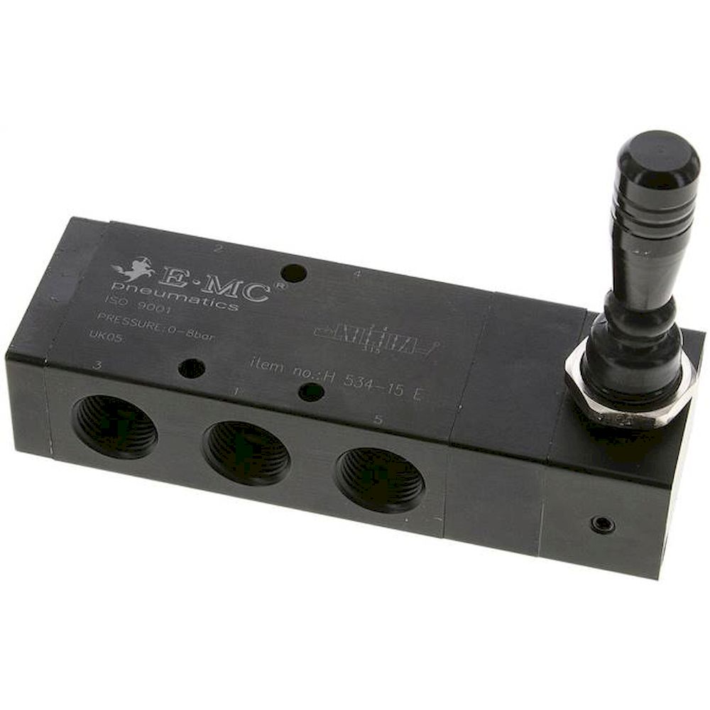 E.MC H-534-15-E. 5/3-way hand lever valve, G 1/2", Centre position vented, detend