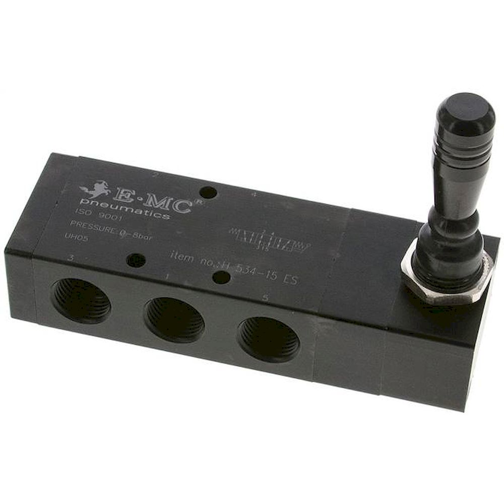 E.MC H 534-15 ES. 5/3-Wege Handhebelventil, G 1/2", Mittelstellung entlüftet, Federrückstellung