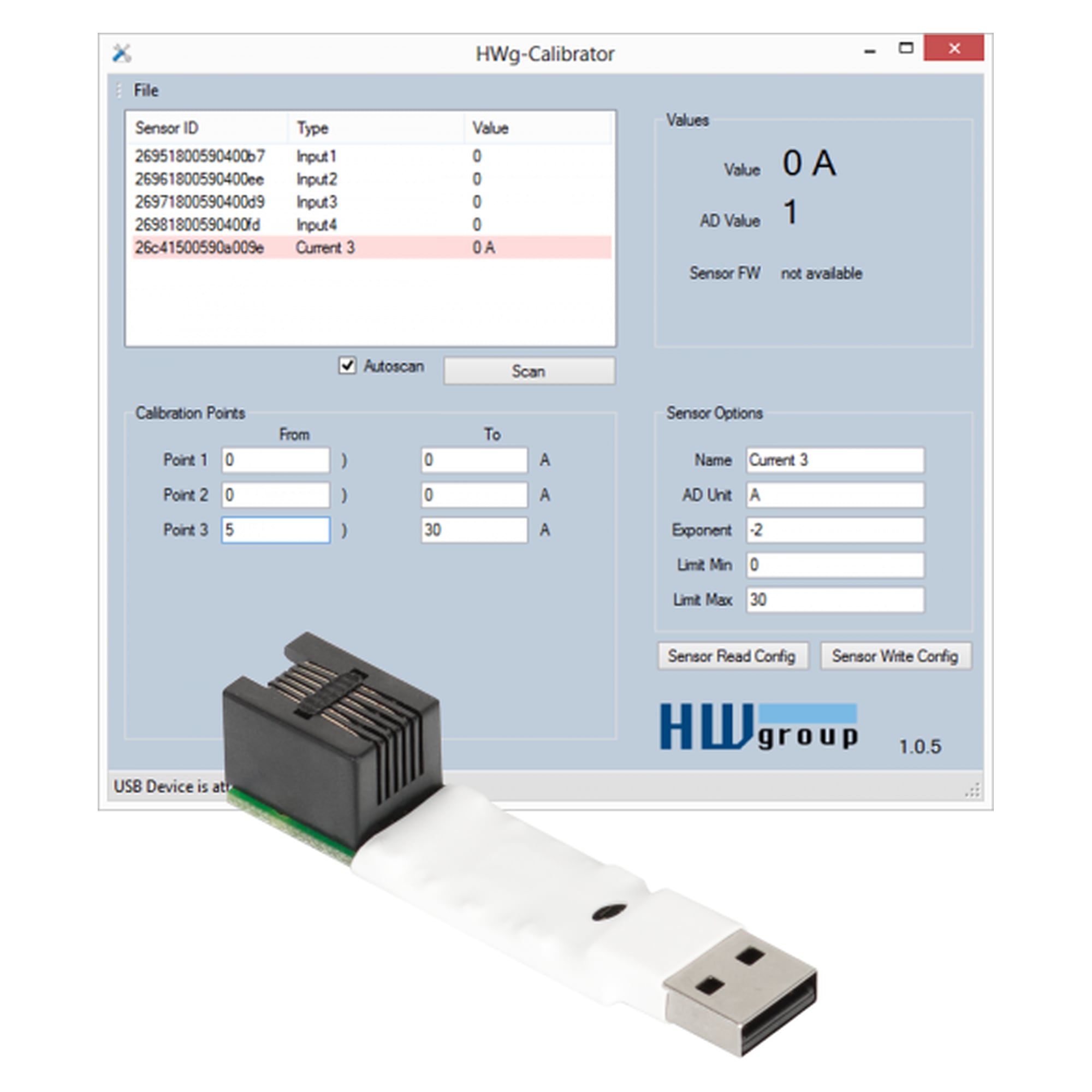 USB-Kalibrator 1-Wire UNI für Sensor-Messwandler, Skalierung, Einheiten und 8-Punkt-Kalibrierung - HW group 600535