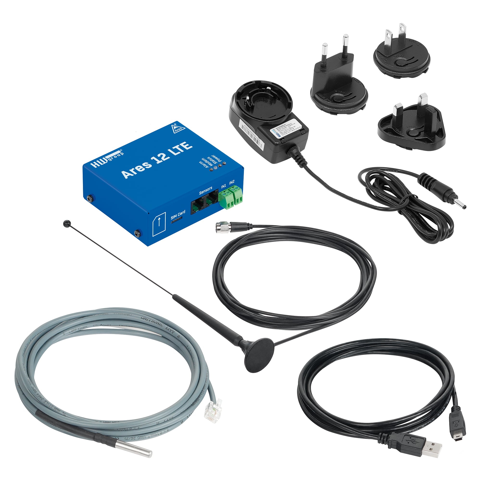 LTE-Messgerät Ares 12 LTE G, Starter-Set mit Temperatursensor, Netzteil und Antenne, Akku - HW group 600827