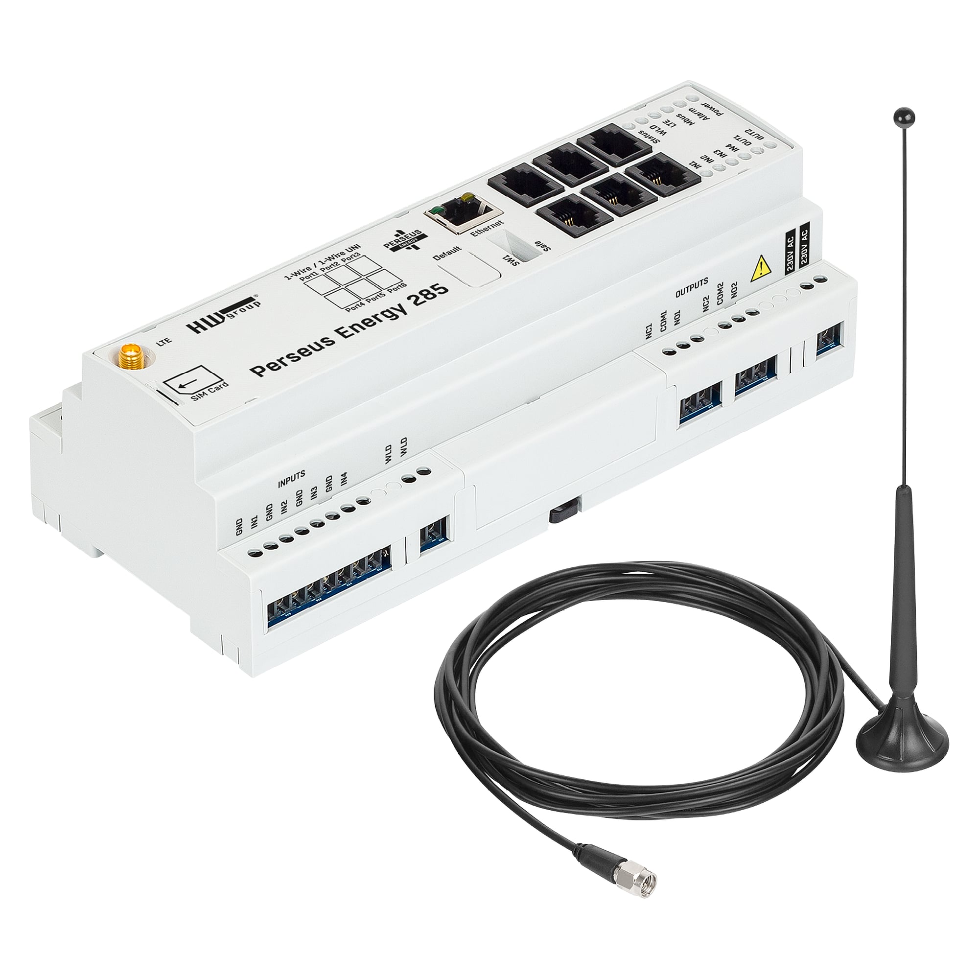 Energy monitor Perseus Energy 285 set with LTE antenna, M-Bus master, 6 sensor ports, 4 DI, 2 relays - HW group 600871