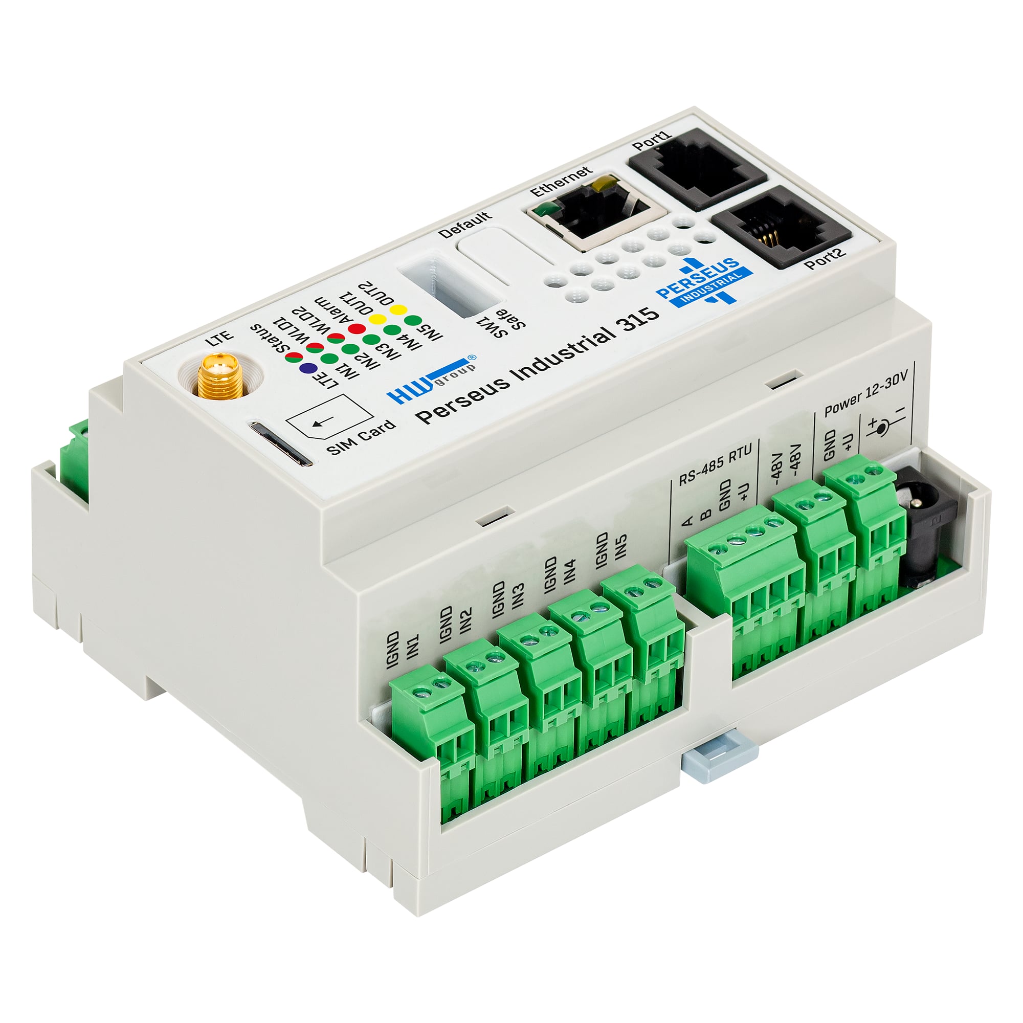 DIN rail monitoring unit Perseus Industrial 315, LTE, 5 DI, 2 relays, WLD-L, RS-485, plain unit - HW group 600932