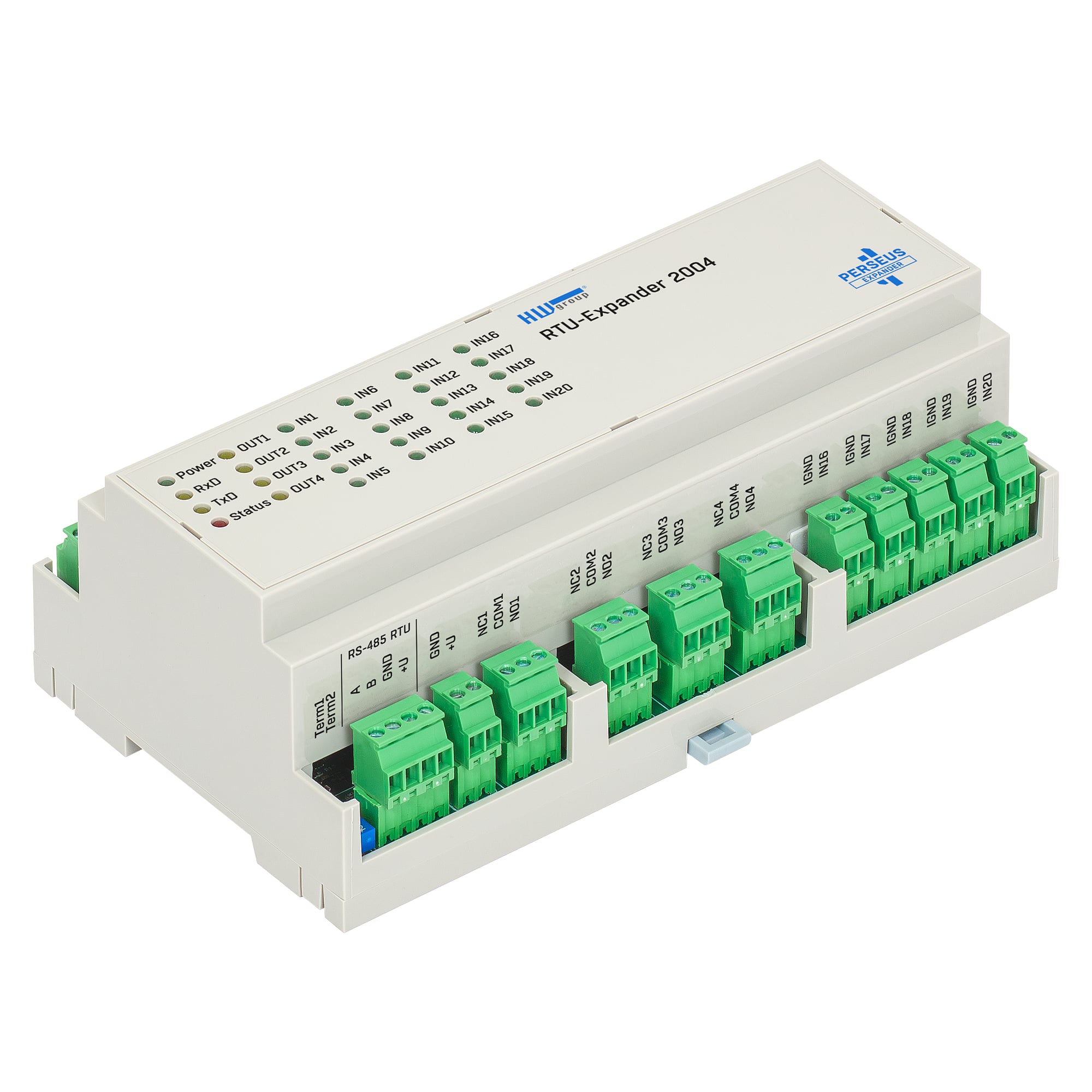 RTU-Expander 2004 für Perseus, 20 digitale Eingänge, 4 Relaisausgänge, Modbus RTU, DIN-Schiene - HW group 600928