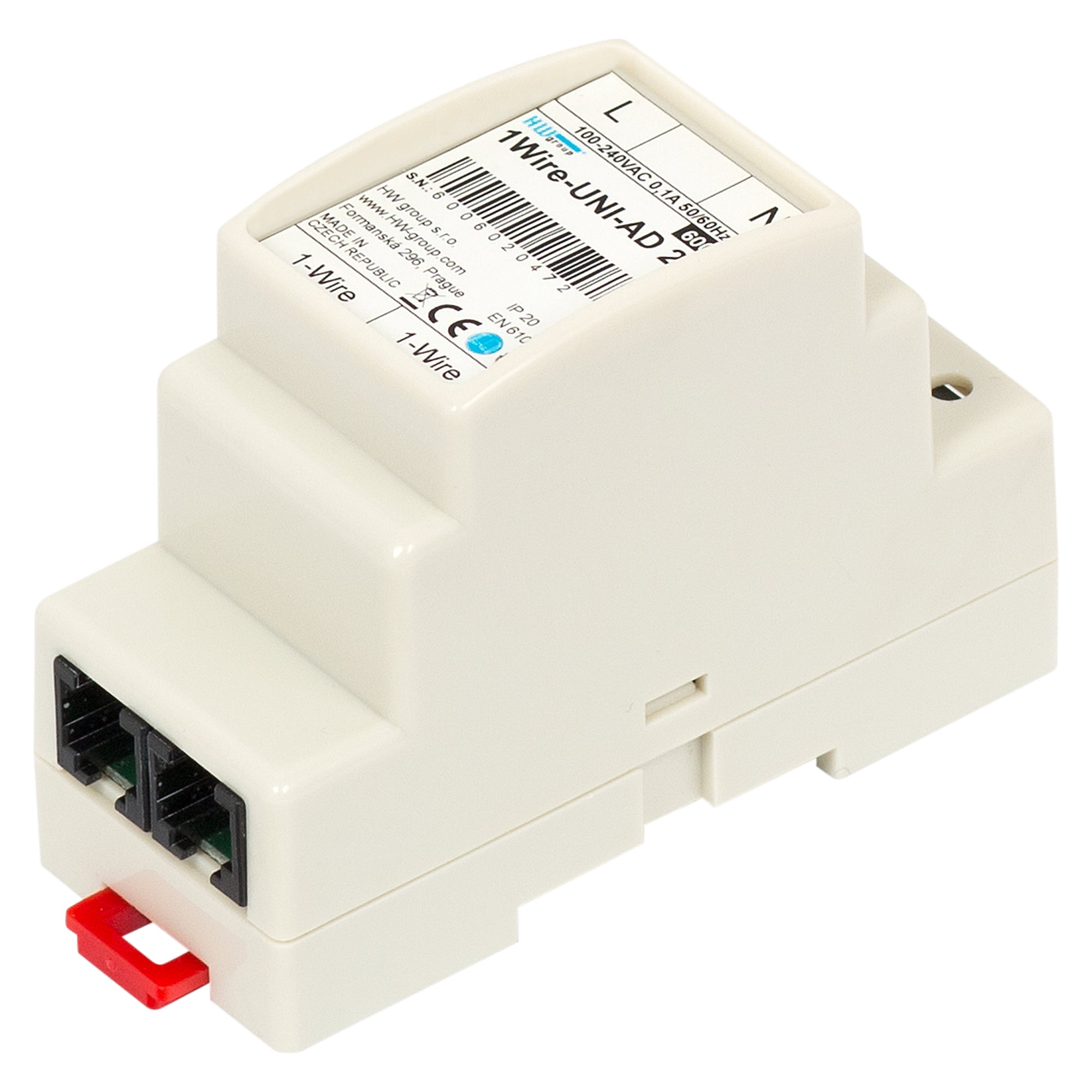 AC voltage sensor Sensor 230V AC 1W-UNI, 100-250 V AC, electrically isolated, DIN rail, RJ11 1-Wire UNI - HW group 600602