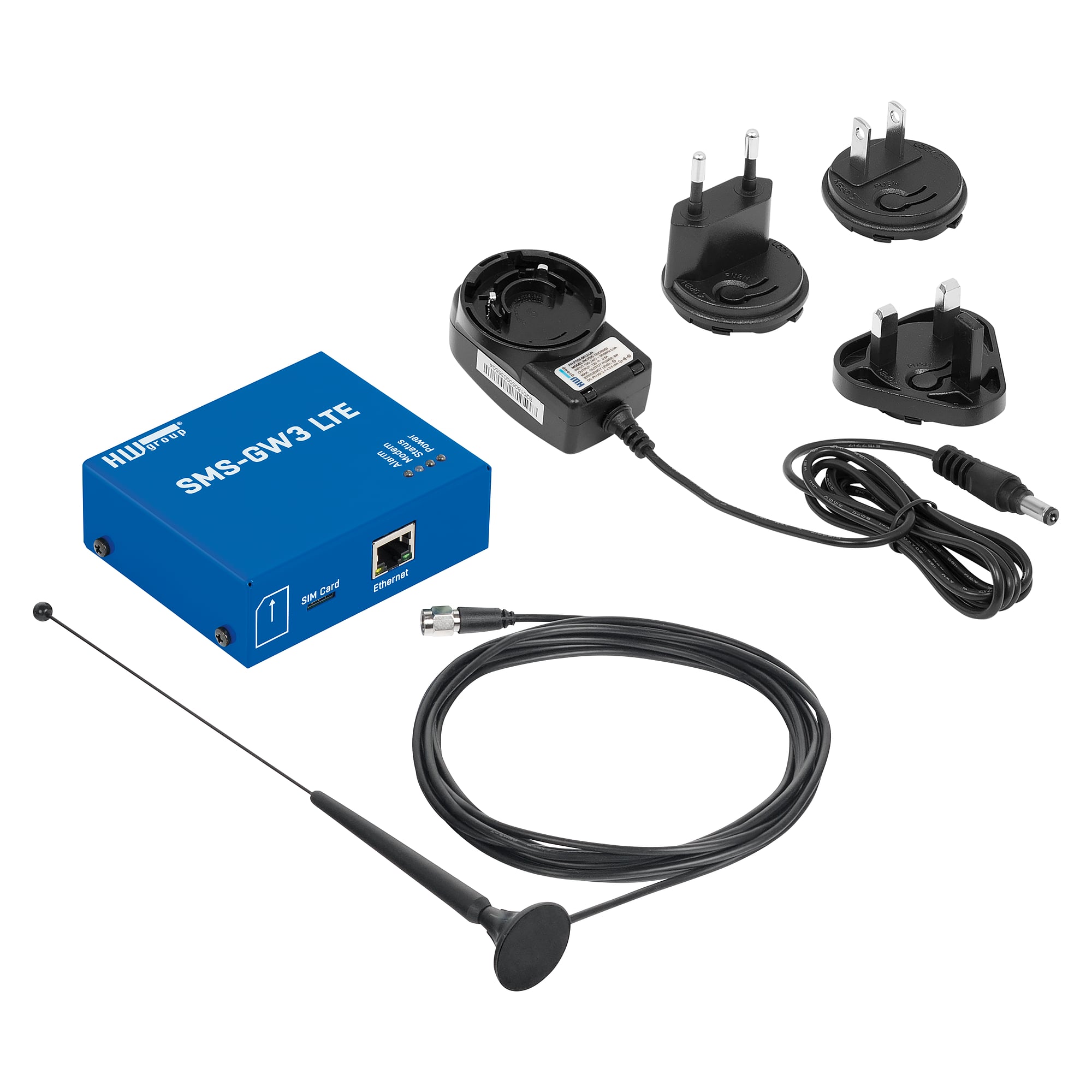 LTE SMS gateway SMS-GW3 LTE G, startup set with antenna and EU/UK/US power adapter, SMS and voice call alerts over LAN - HW group 600828