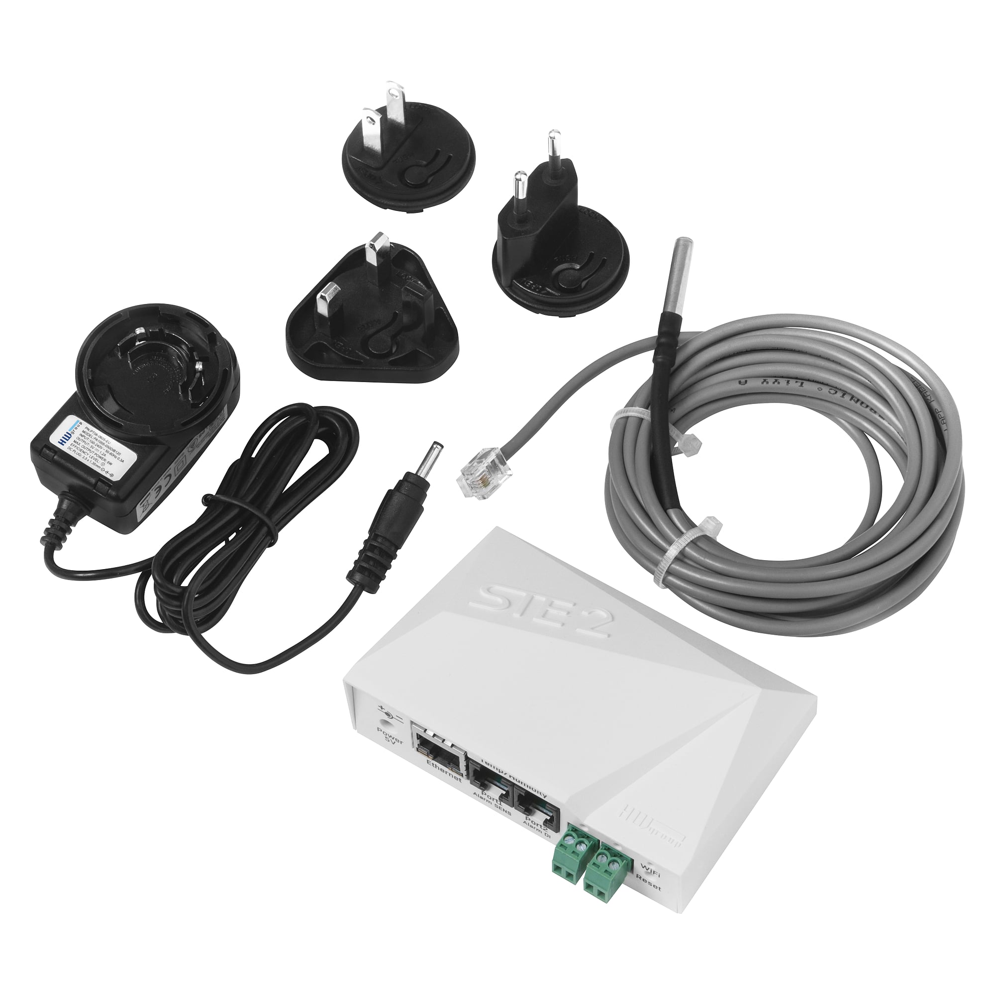 LAN/WLAN-Thermometer STE2 R2 mit Temperatursensor 3 m und Netzteil, 2 RJ11-Sensorports, 2 DI, PoE - HW group 600753