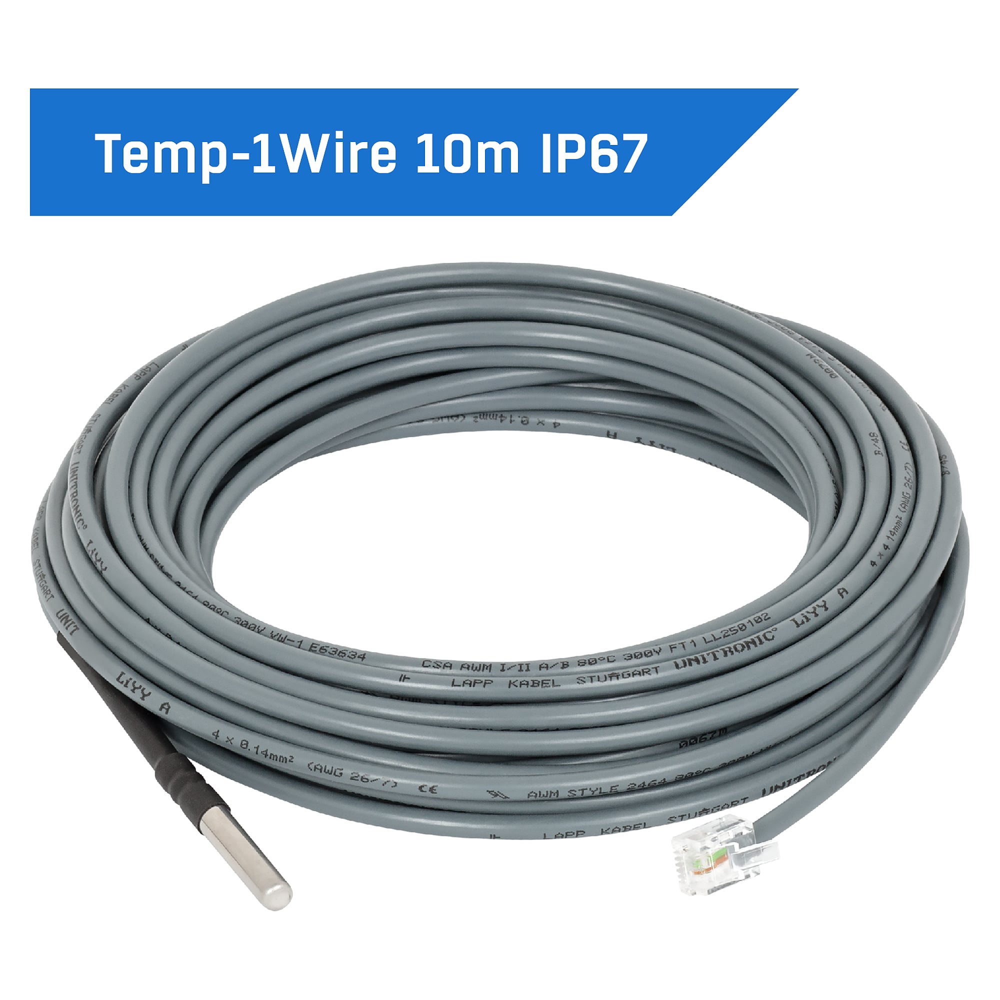 Temperaturfühler 1WR-Temp IP67 mit 10 m Kabel, Edelstahlhülse, -10 bis +80 °C, RJ11 1-Wire UNI - HW group 600906
