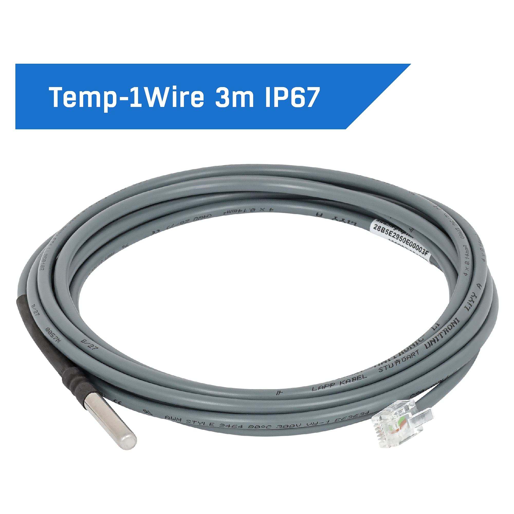Temperaturfühler 1WR-Temp IP67 mit 3 m Kabel, Edelstahlhülse, -10 bis +80 °C, RJ11 1-Wire UNI - HW group 600905