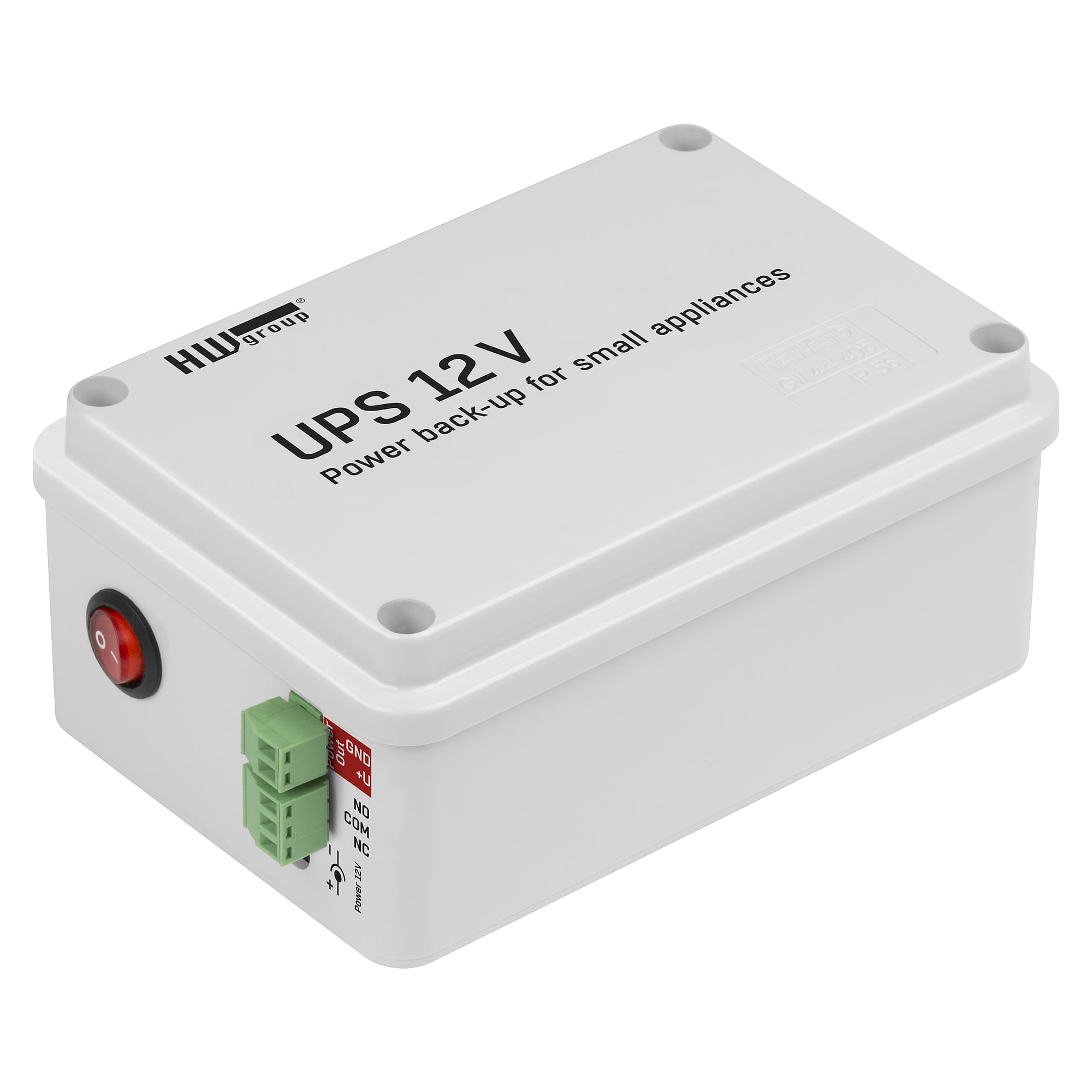 UPS 12V for 12 V DC devices, 1.3 Ah battery, relay alarm output, set with power adapter - HW group 600671