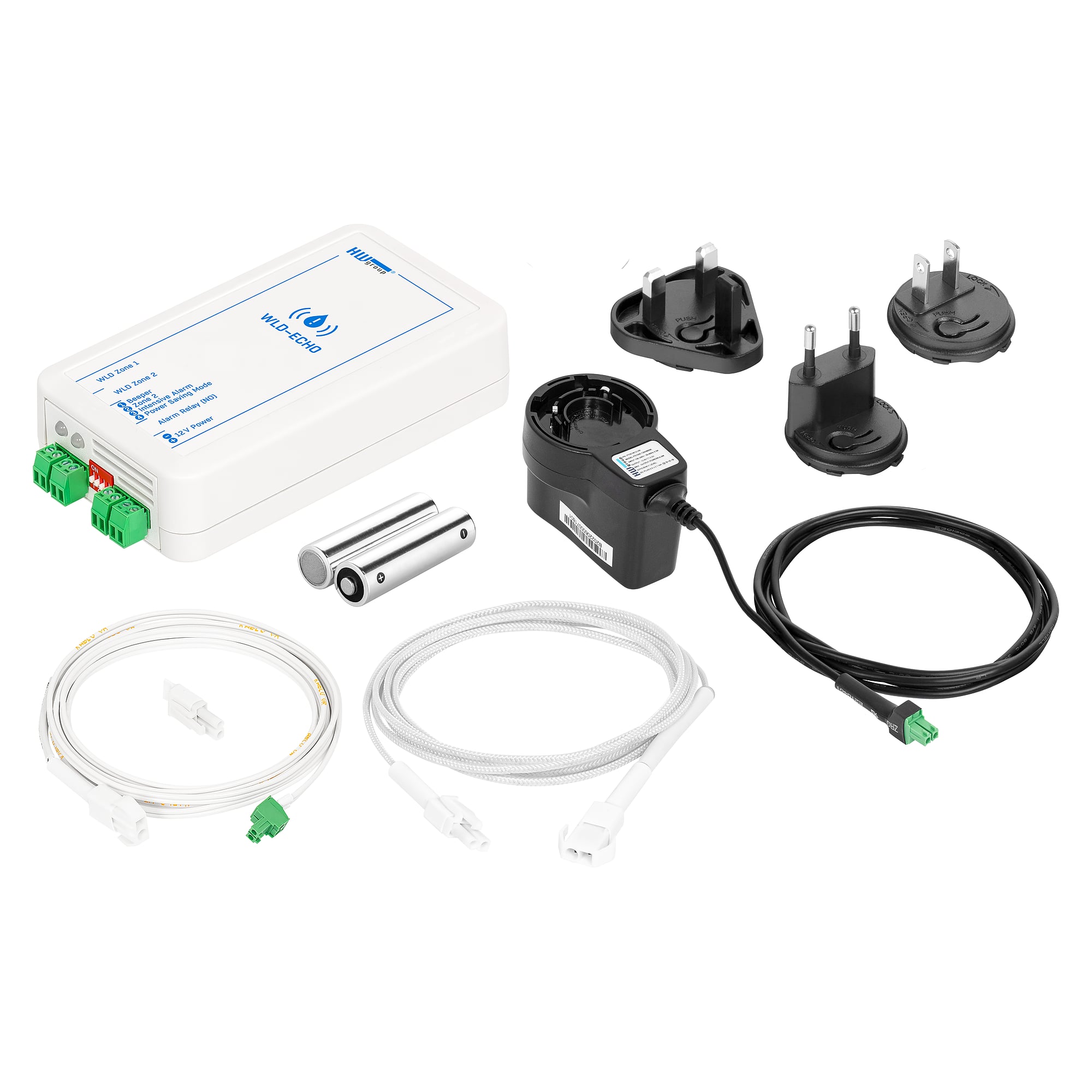 Water leak detector WLD-ECHO set, 2 WLD zones, with sensing cable B 2+2 m, batteries and 12 V adapter - HW group 600940