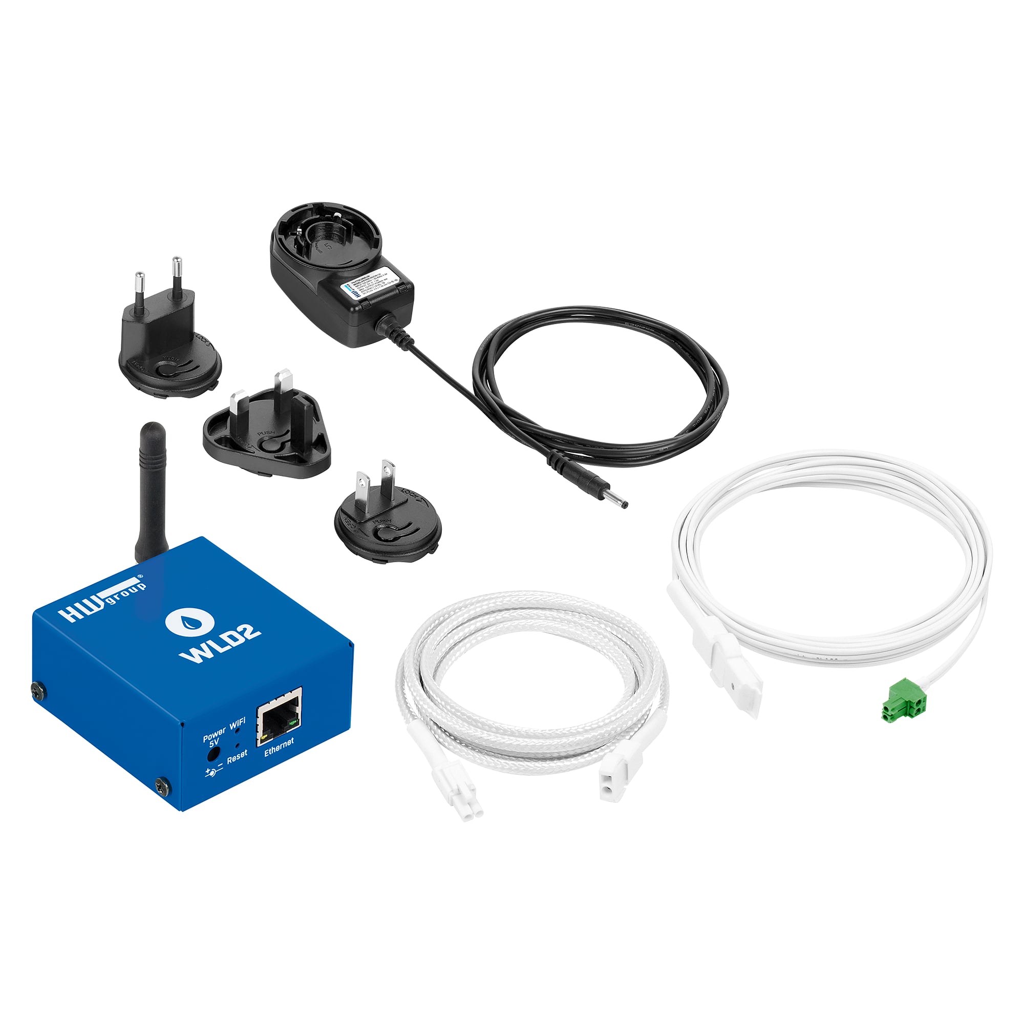 Water leak set WLD2 PoE, 4 zones, LAN/WiFi, sensing cable A 2 m, connecting cable 2 m, adapter - HW group 600787