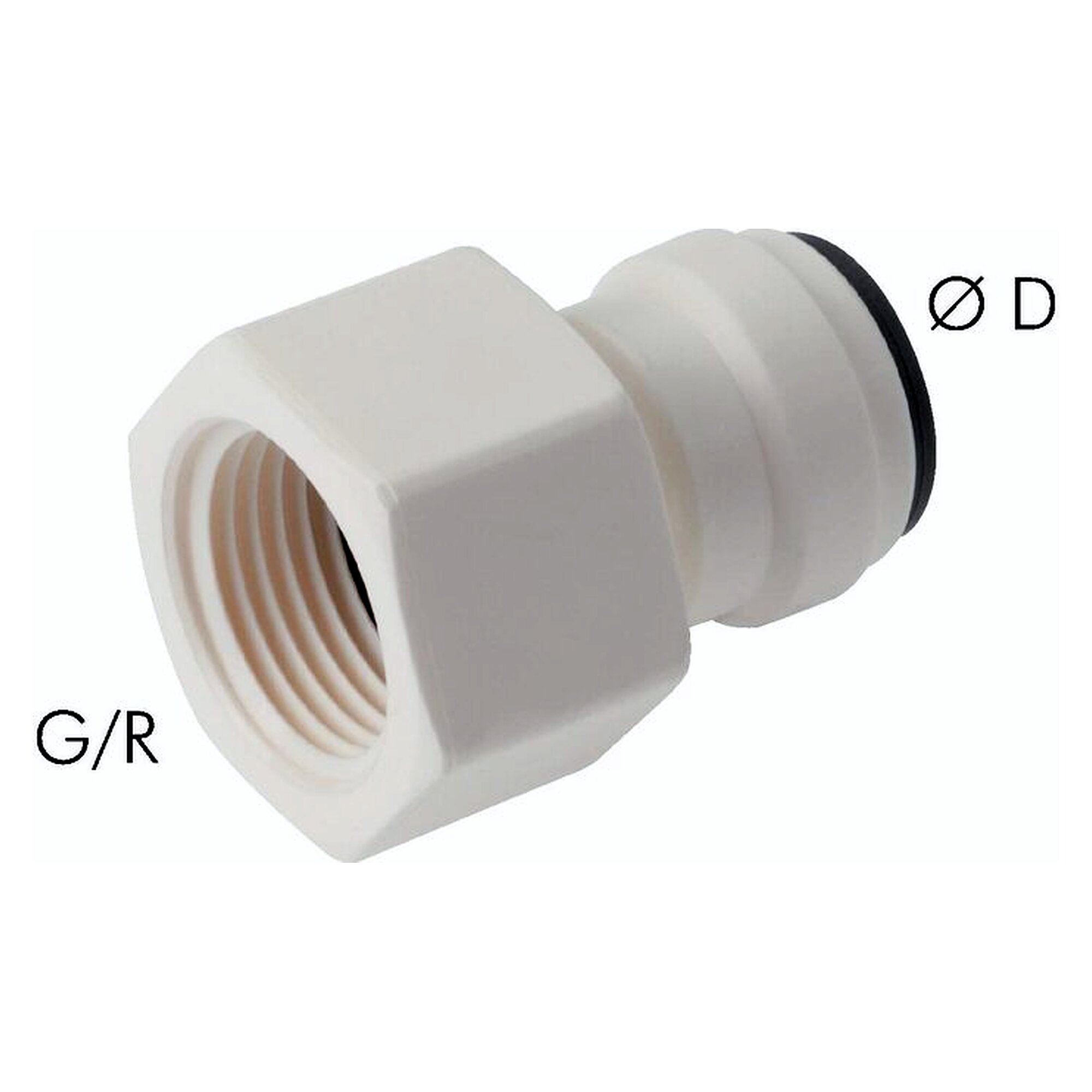 Push-in fitting, with female thread, with EPDM seal, thread G 3/8", tube 8 mm, POM, FDA compliant