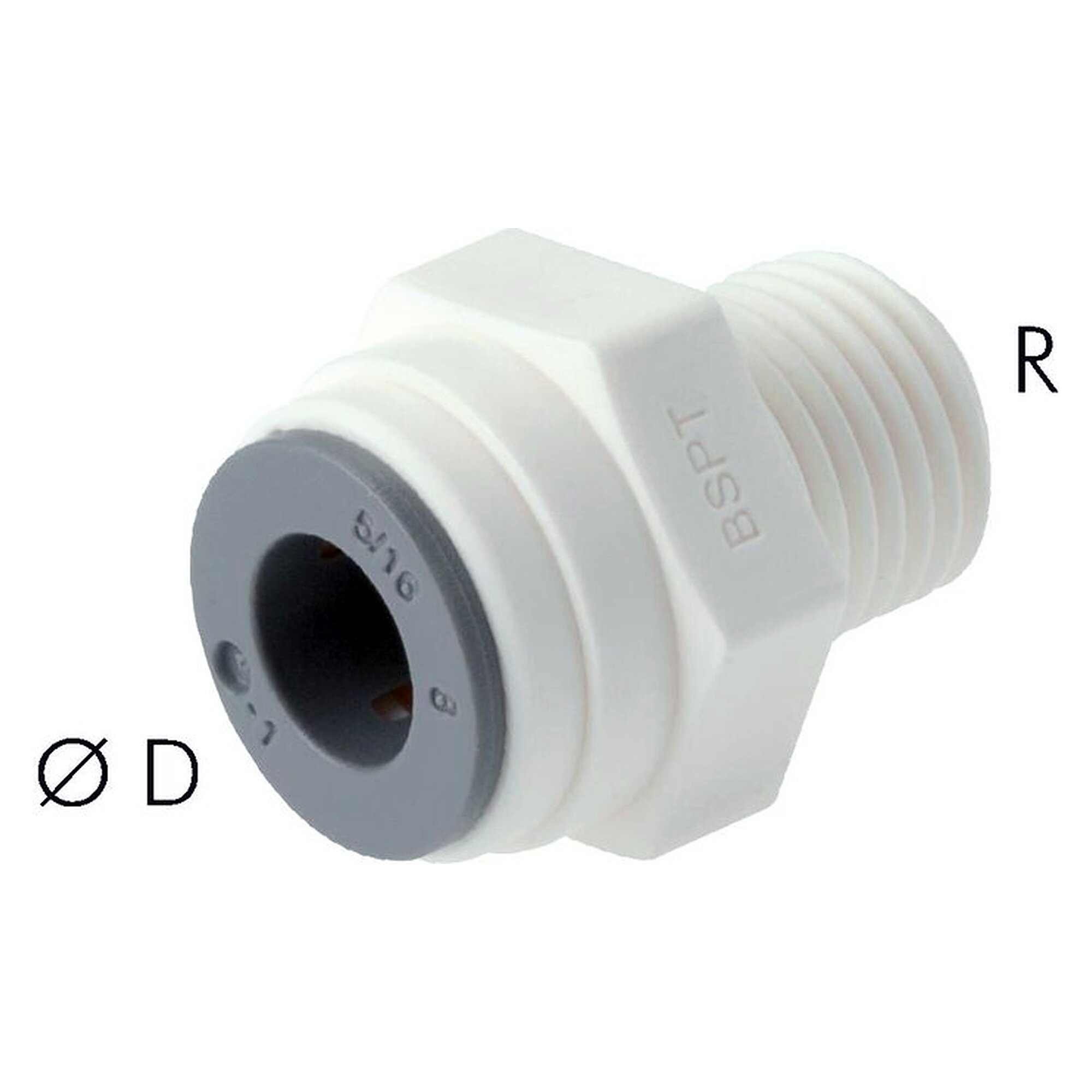 Push-in fitting, straight design, with EPDM seal, male thread R 1/2", tube 6 mm, POM, FDA compliant