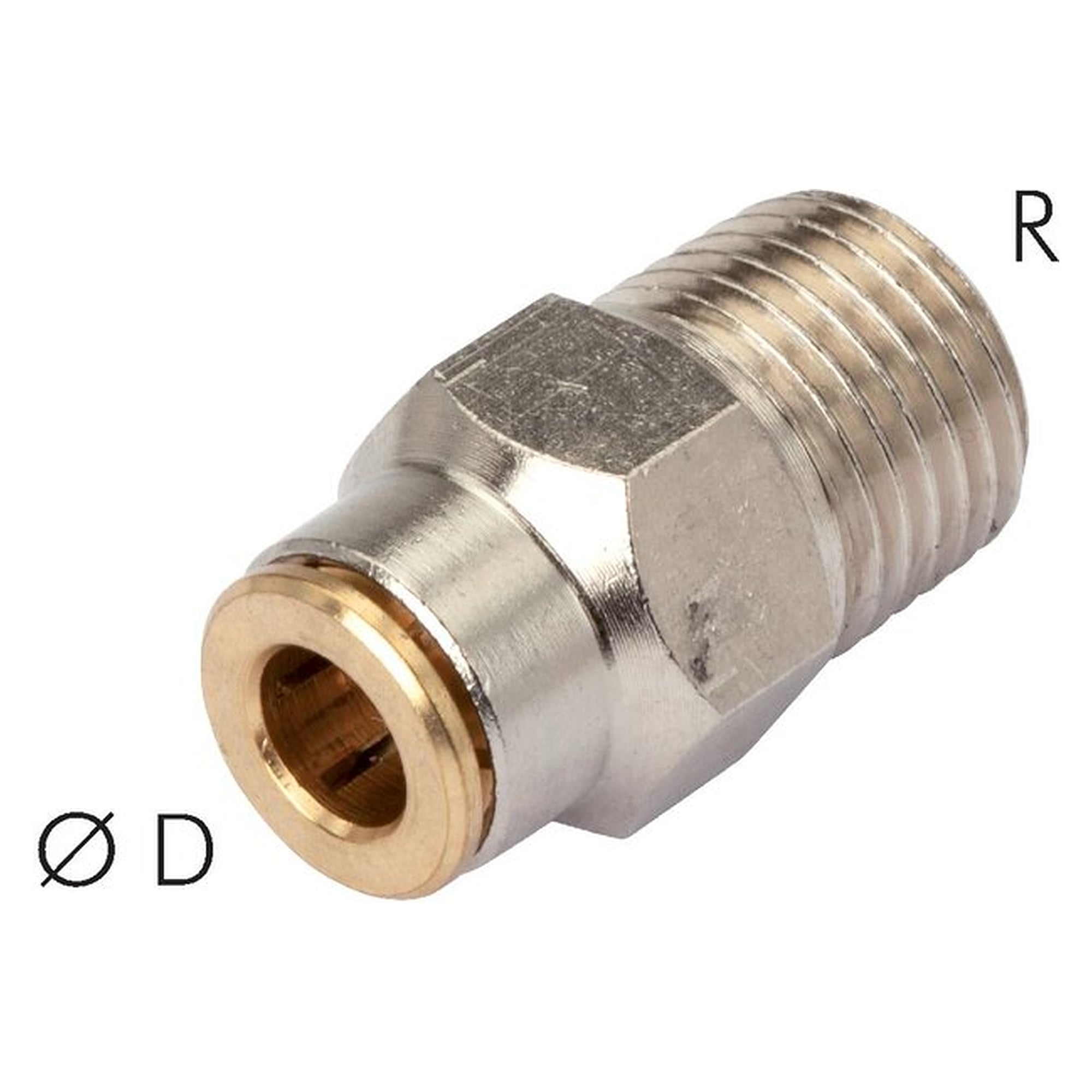 High pressure push-in fitting, male thread R 1/4", tube 6 mm, nickel plated brass