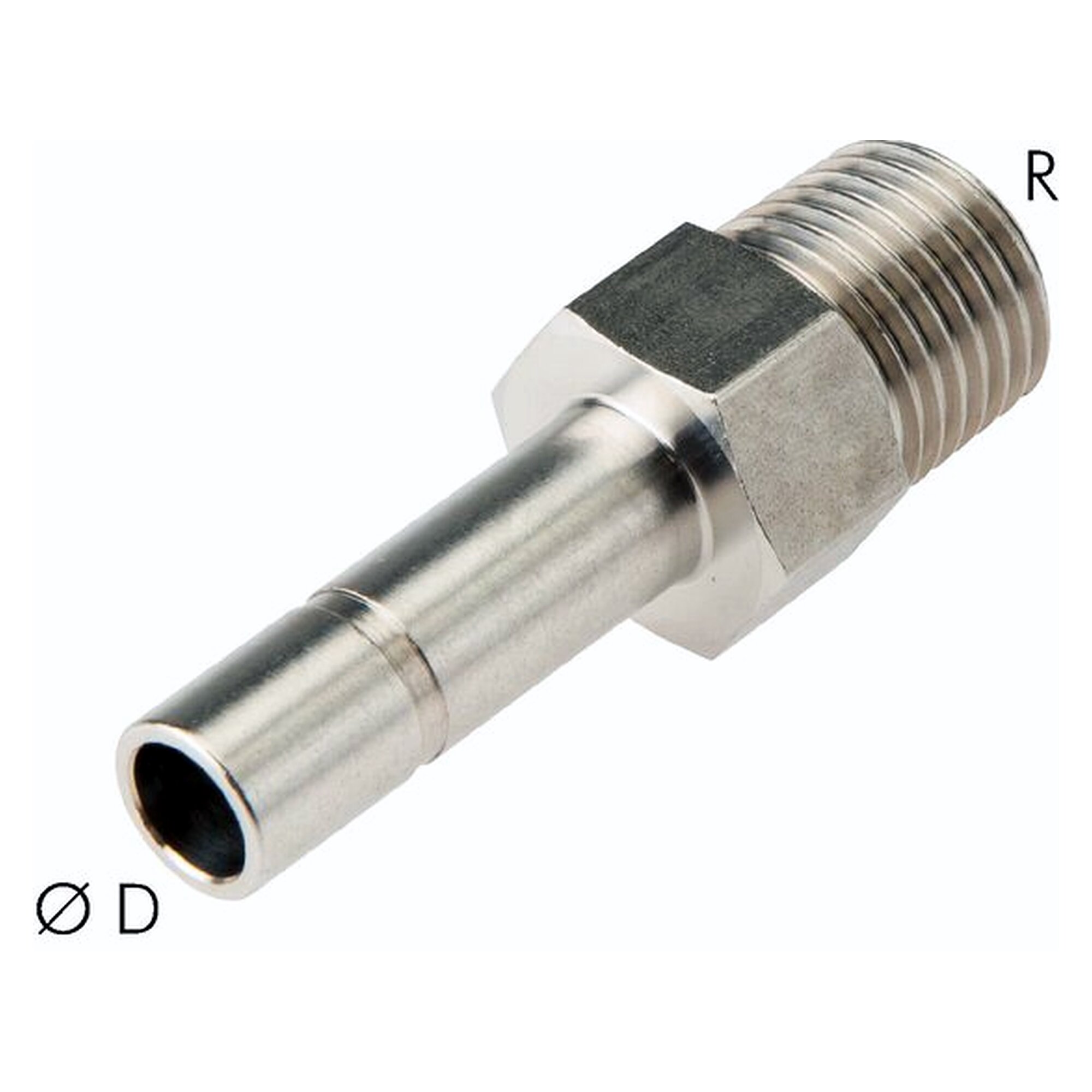 Male stud with push-in stem, male thread R 1/8", tube 6 mm, stainless steel