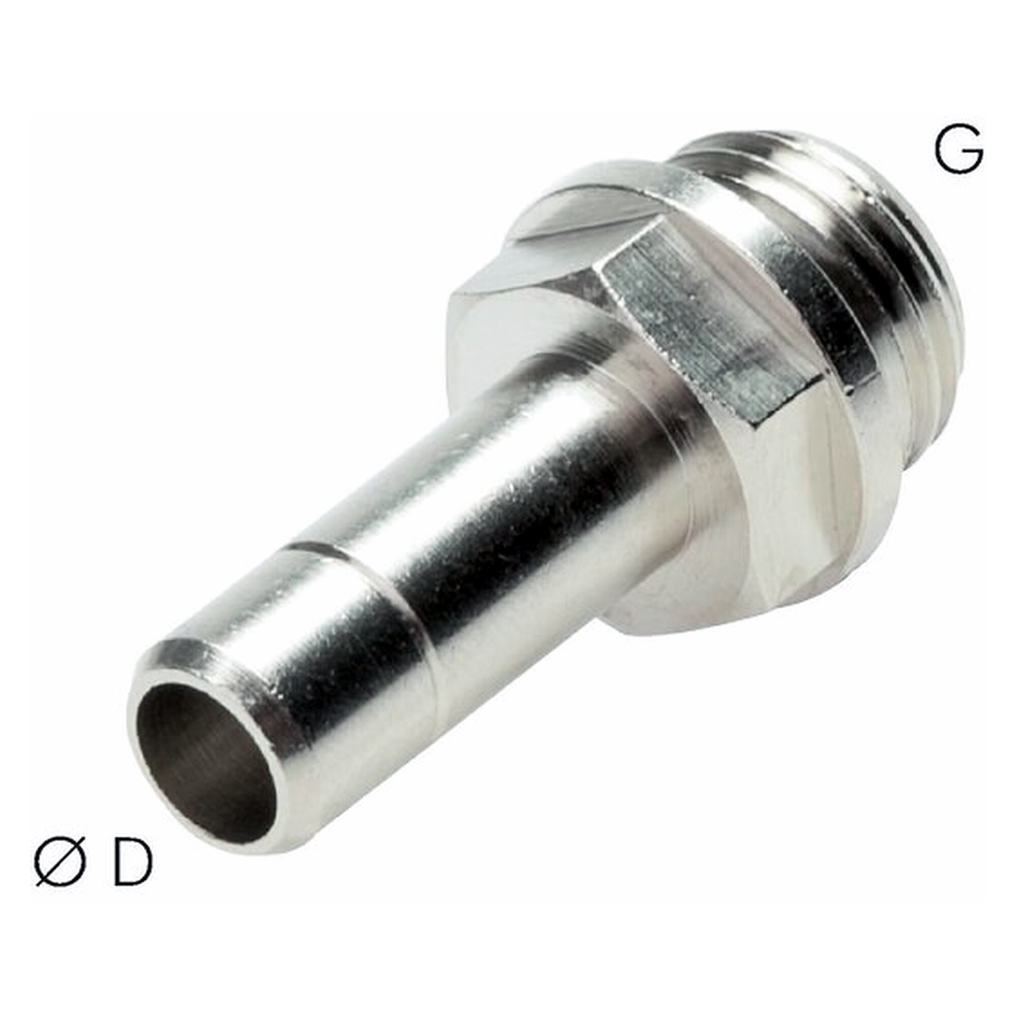 Einschraubtülle mit Stecknippel, Gewinde G 1/2", Schlauch 12 mm, Messing vernickelt, -20 bis +80 °C