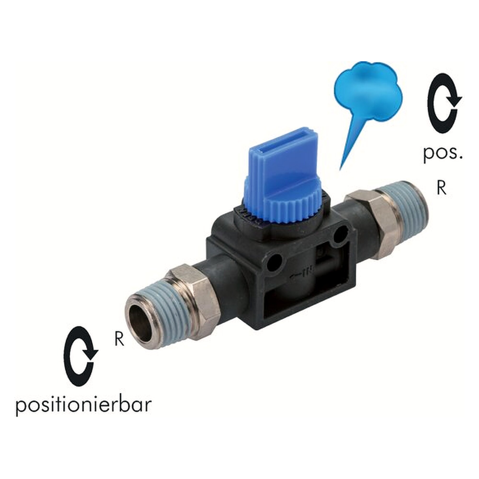3/2-way shut-off valve R 3/8", IQS-standard, seals NBR, nickel-plated brass / PA 66
