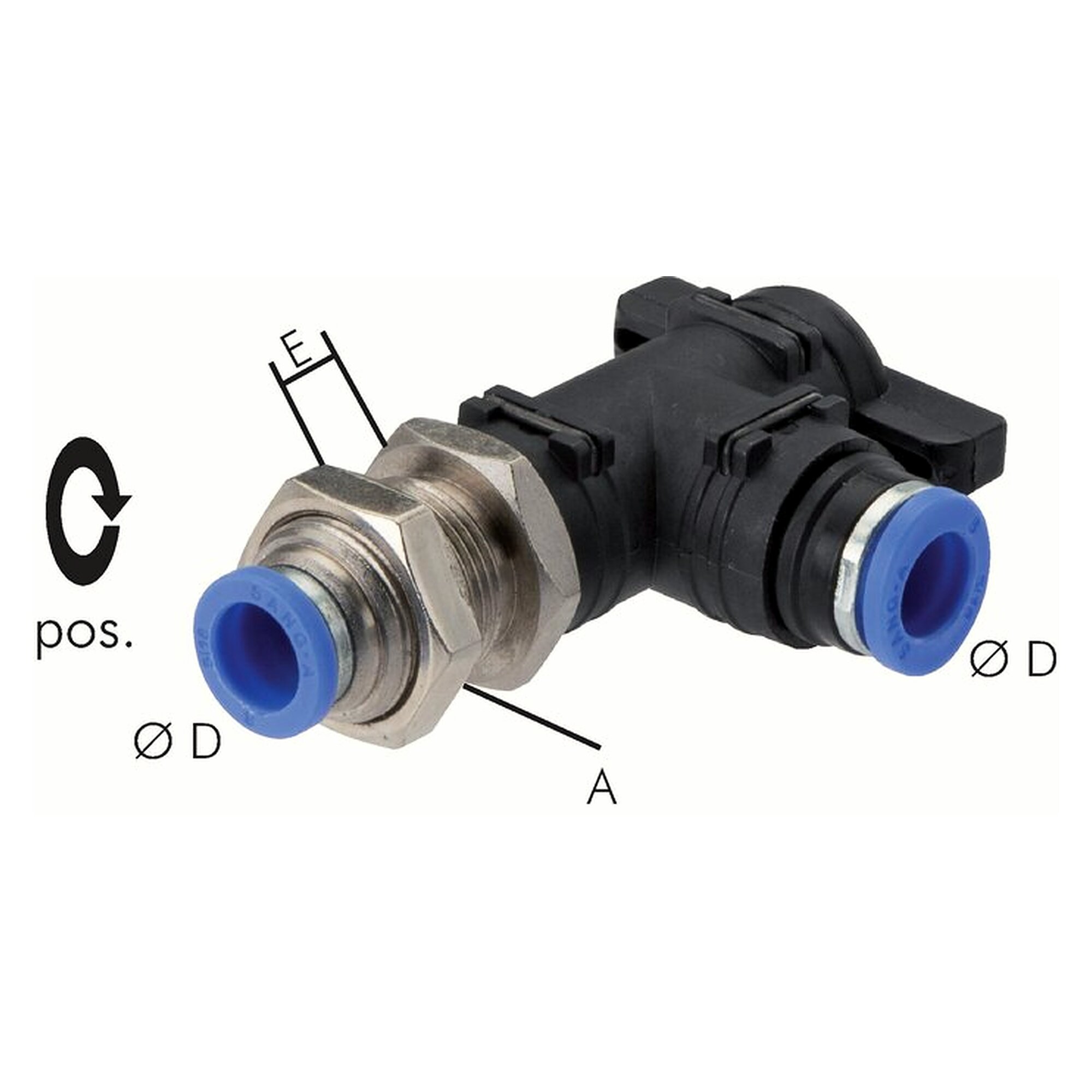 Bulkhead angle shut-off cock 12 mm, IQS-standard, nickel-plated brass / PA 66 / PPS
