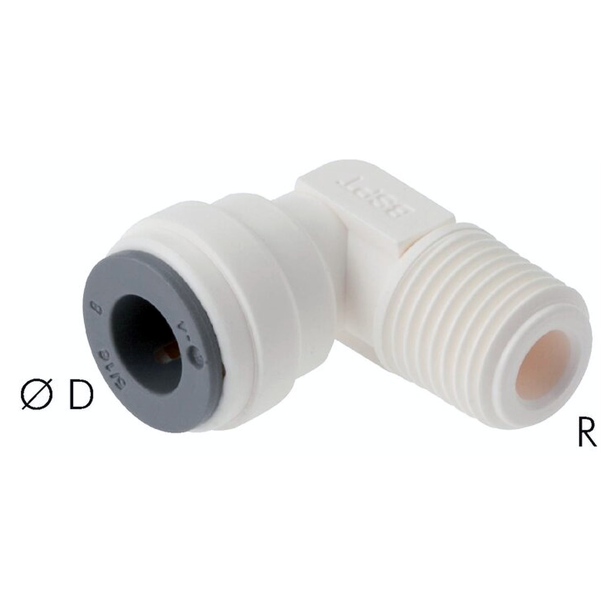 Push-in fitting, elbow design, with EPDM seal, male thread R 1/4", tube 6 mm, POM, FDA compliant