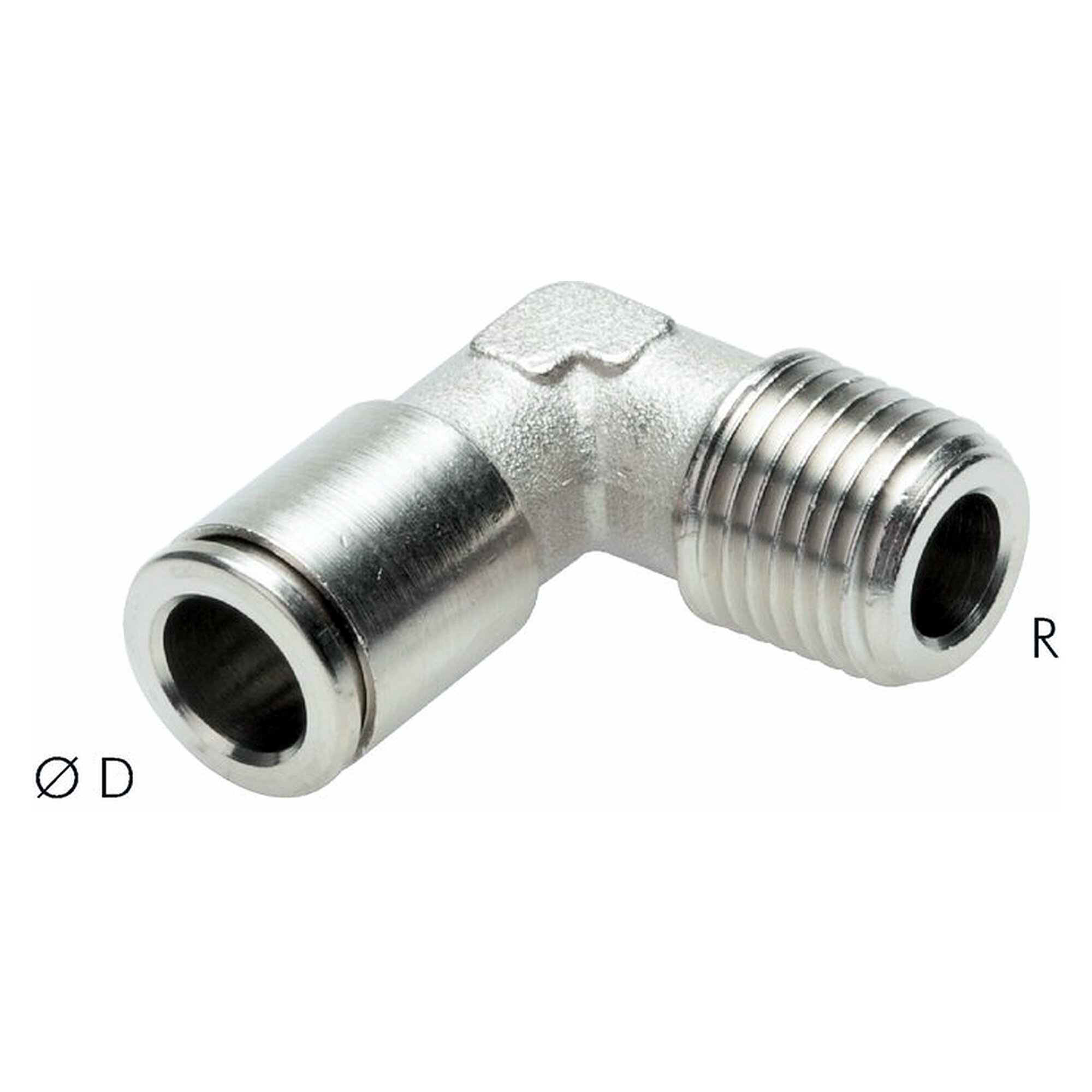 Push-in fitting, elbow design, fixed, male thread R 1/4", tube 8 mm, nickel plated brass