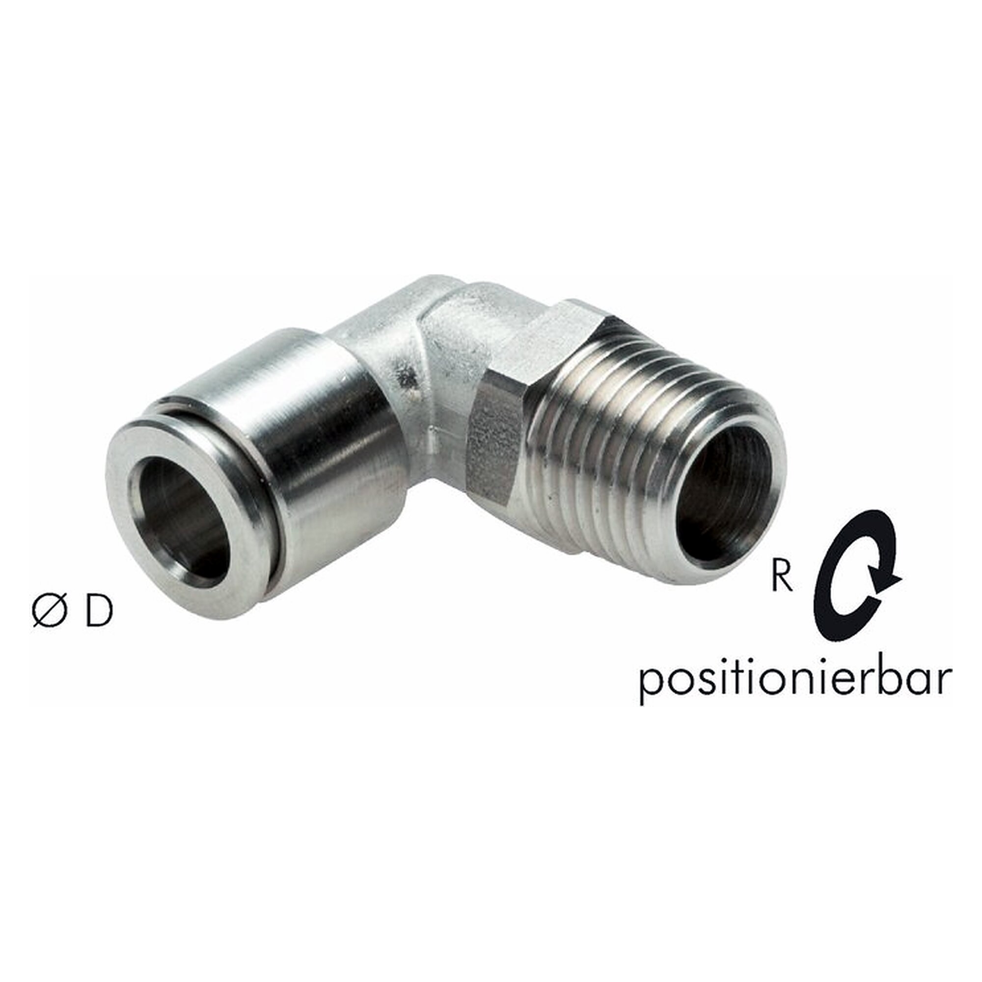 Steckanschluss, Winkelform, positionierbar, Gewinde R 1/8", Schlauch 8 mm, Edelstahl 1.4404