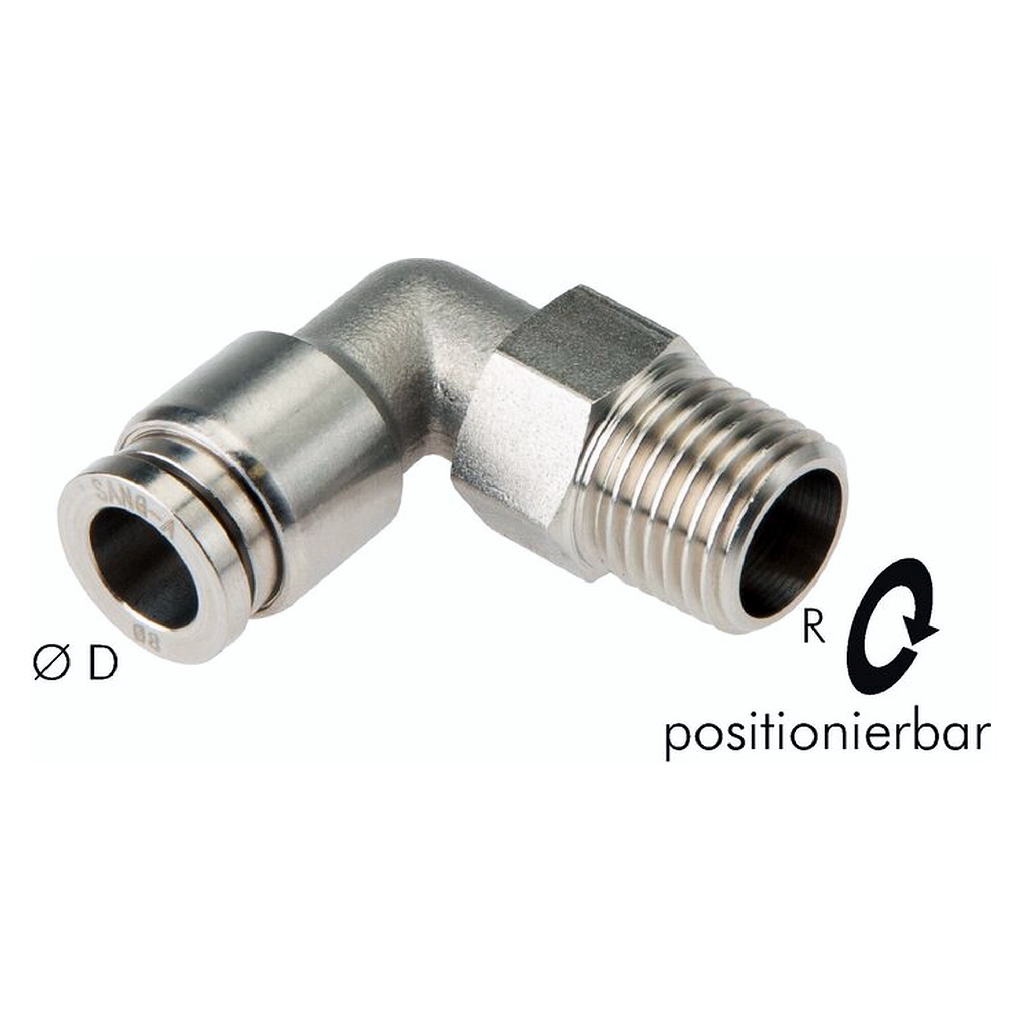 Push-in fitting, elbow design, male thread R 1/4", tube 10 mm, stainless steel