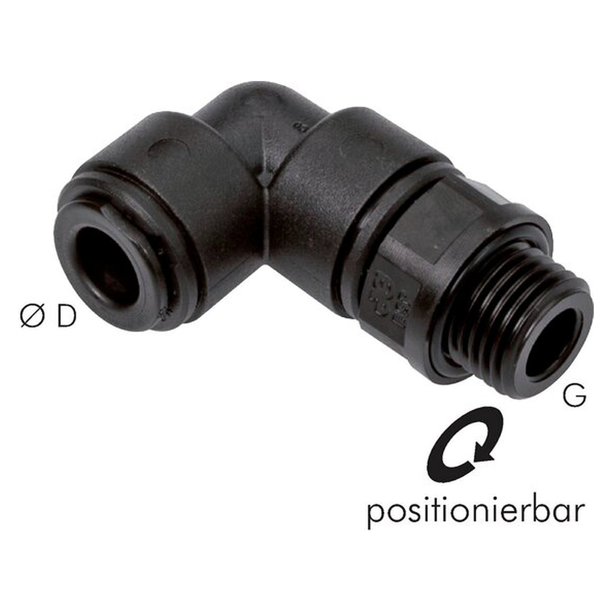 Push-in fitting, elbow design, FDA compliant version, thread G 3/8", tube 12 mm, POM, FDA compliant