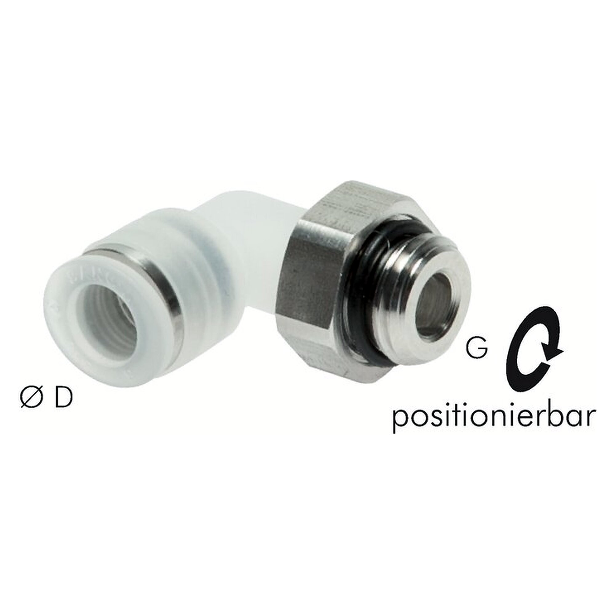 Push-in fitting, elbow design, thread G 3/8", tube 10 mm, polypropylene, FDA compliant