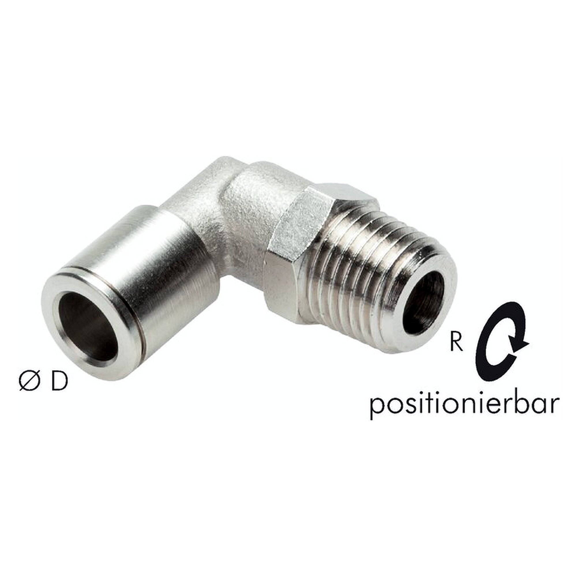Push-in fitting, elbow design, male thread R 1/4", tube 6 mm, nickel plated brass, -20 bis +80 °C
