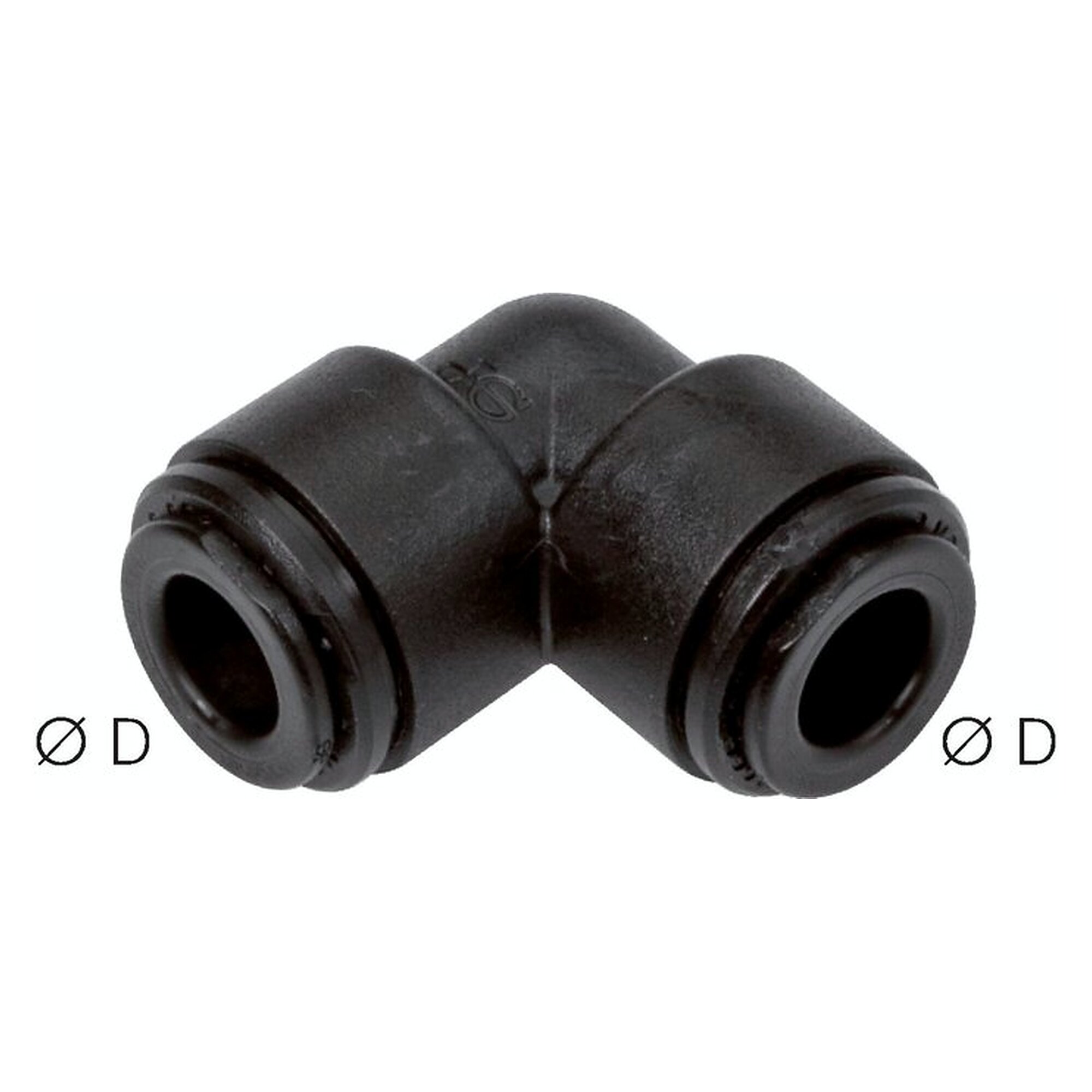 Push-in fitting, elbow design, FDA compliant version, tube 5 mm, POM, FDA compliant