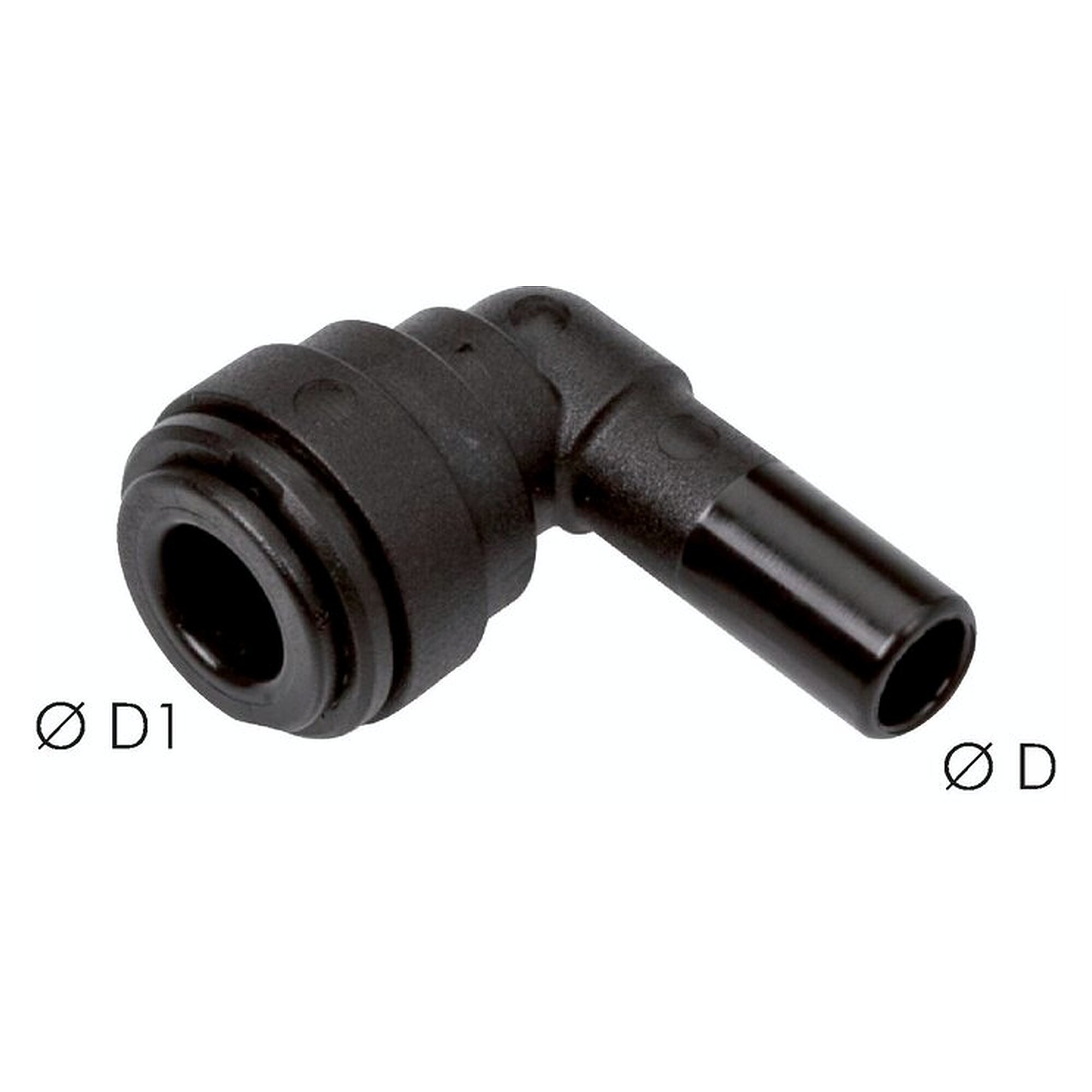 Push-in stem connector, elbow design, FDA compliant version, tube 6 mm, POM, FDA compliant