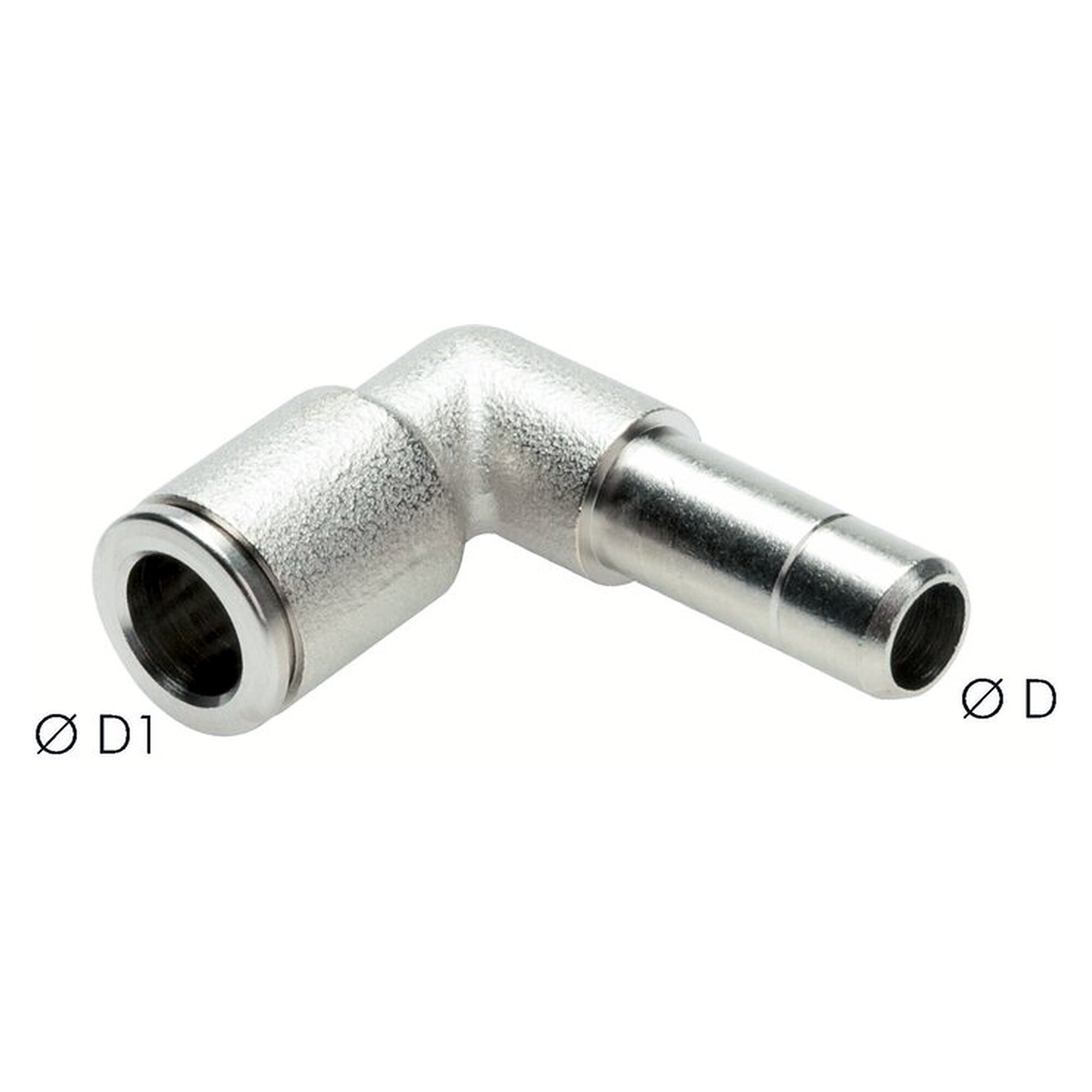 Stecknippel, Winkelform, Schlauch 6 mm, zweiter Anschluss 6 mm, Messing vernickelt