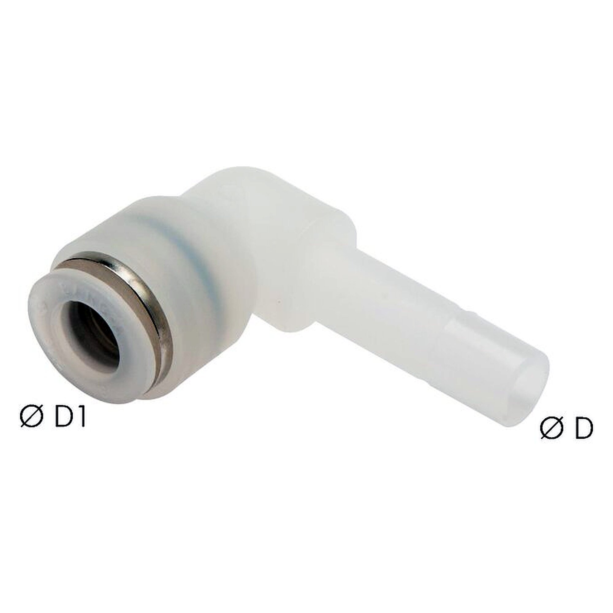 Push-in stem connector, elbow design, tube 10 mm, second port 10 mm, PVDF