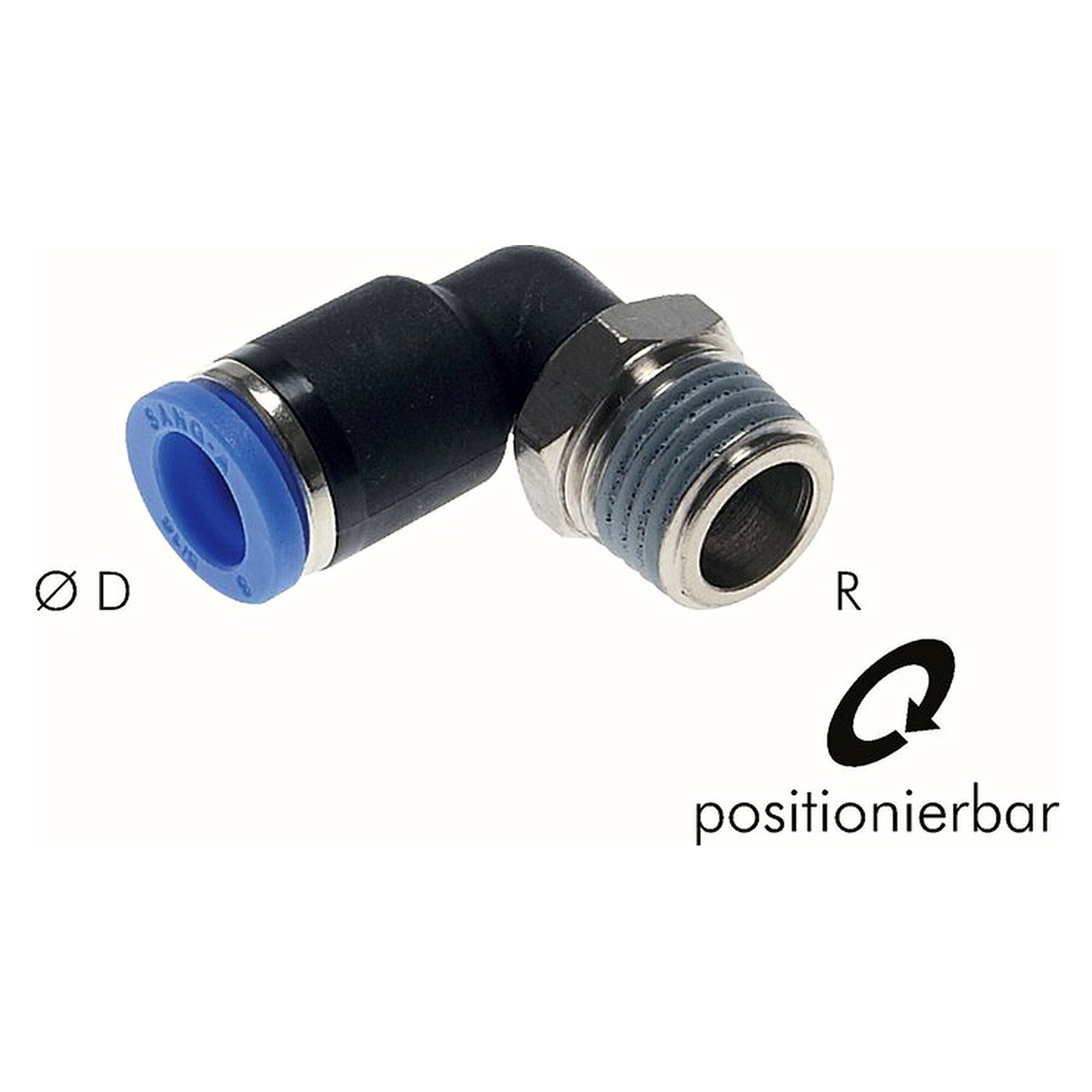 Push-in fitting, elbow design, male thread R 1/2", tube 6 mm, nickel plated brass