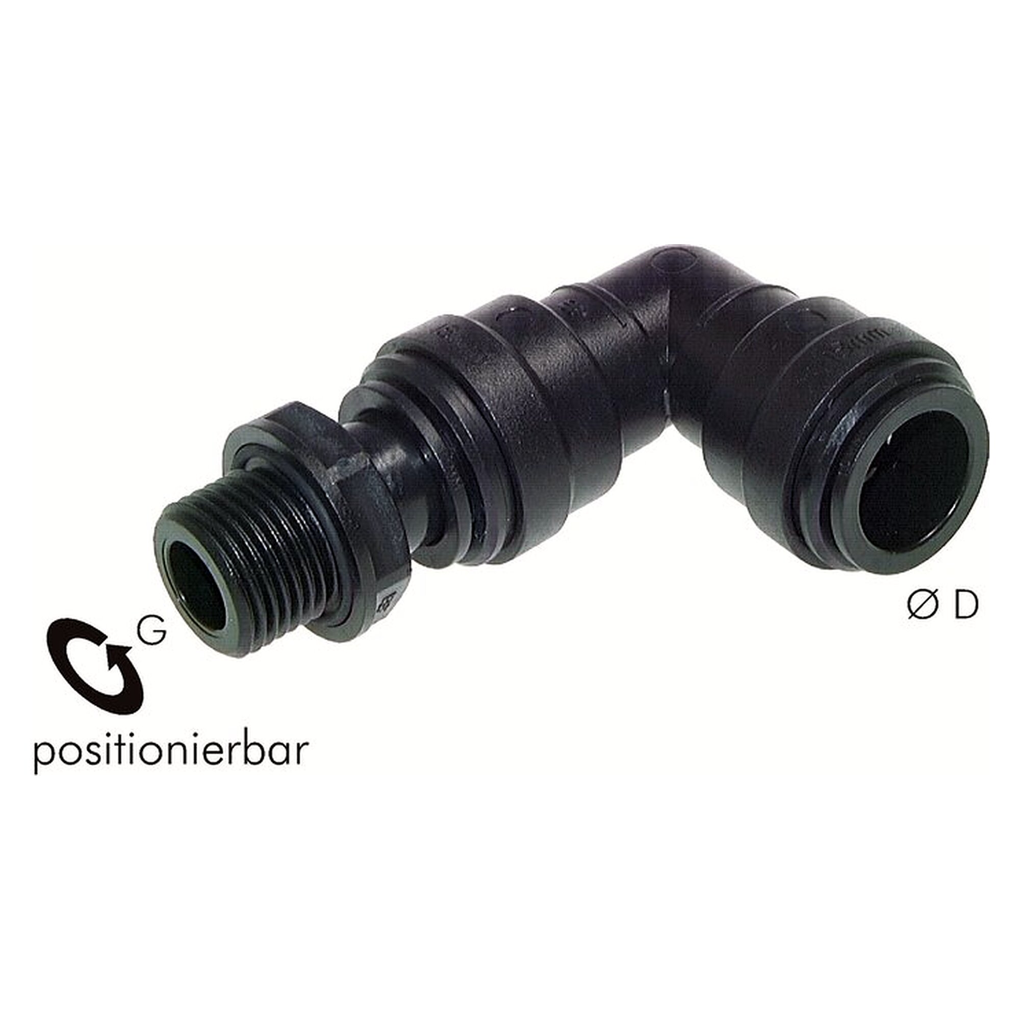 Steckanschluss, Winkelform, große Bauform, Gewinde G 3/8", Schlauch 15 mm, POM, Dichtung NBR